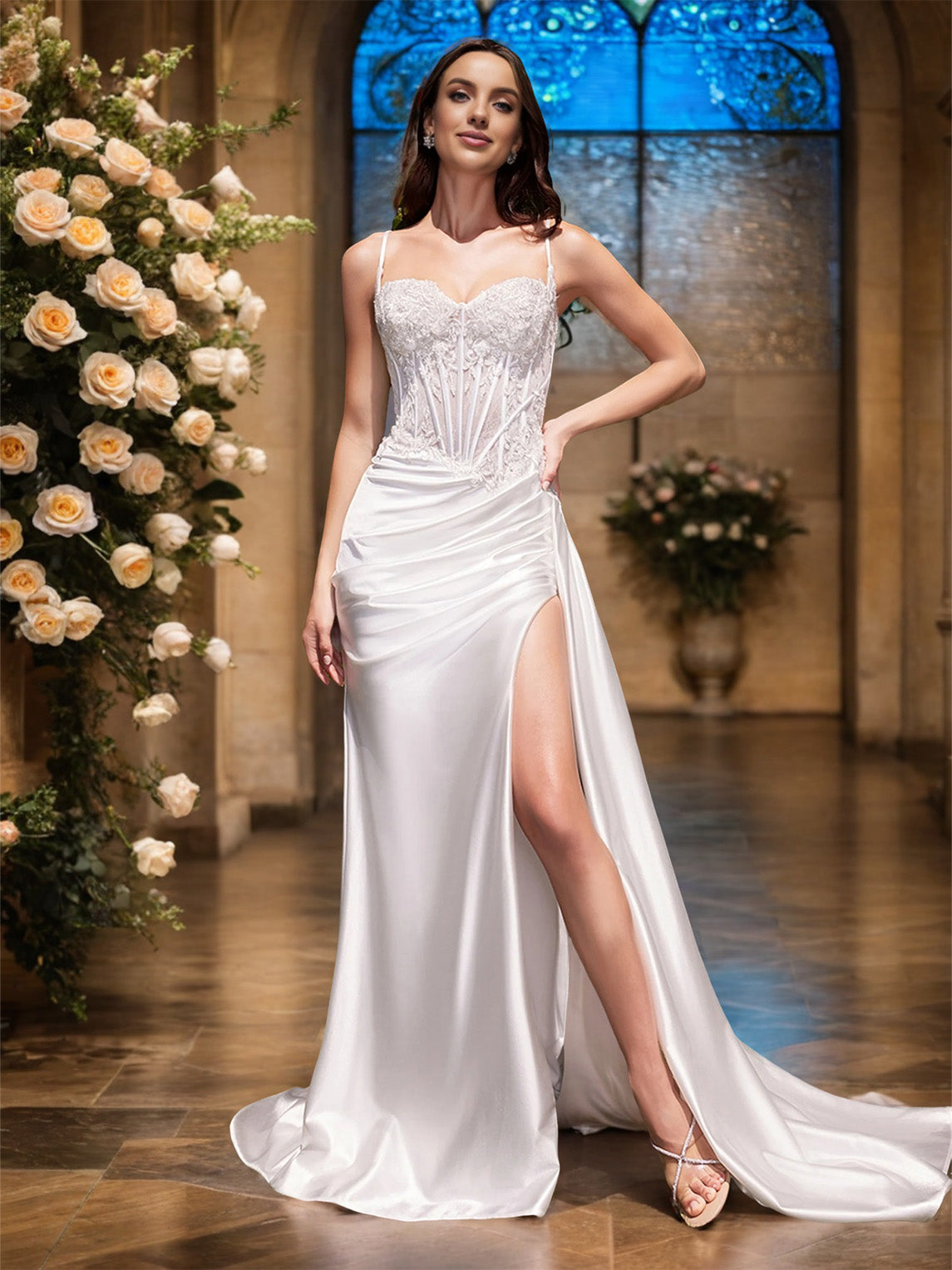 Bretelle Spaghetti Sans Manche Dentelle&Satin Extensible Robe de Mariage avec la Traîne de Balayage/Pinceau