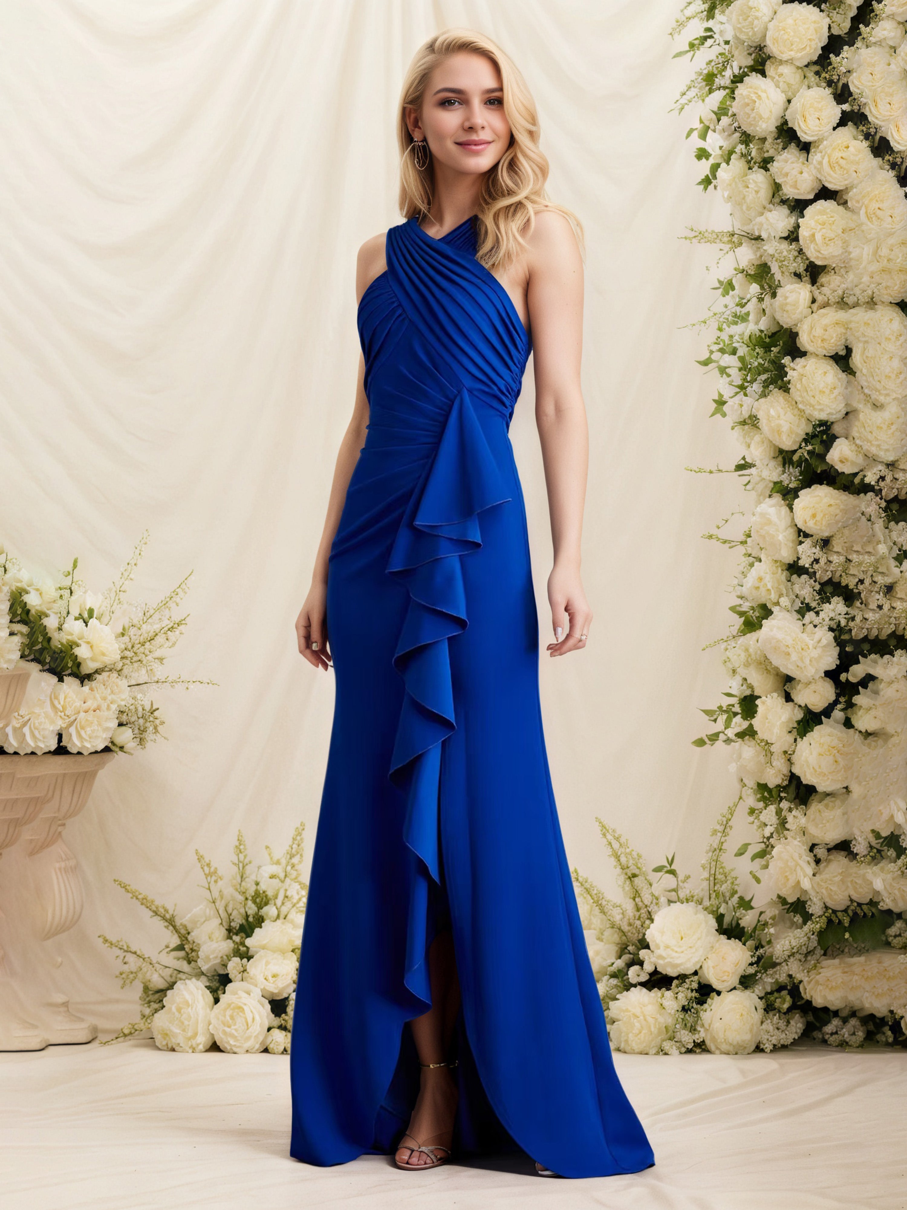 Robe Cérémonie Mariage Mère Du Marié BLEU ROYALE Licou Satin Extensible Robe Plisée