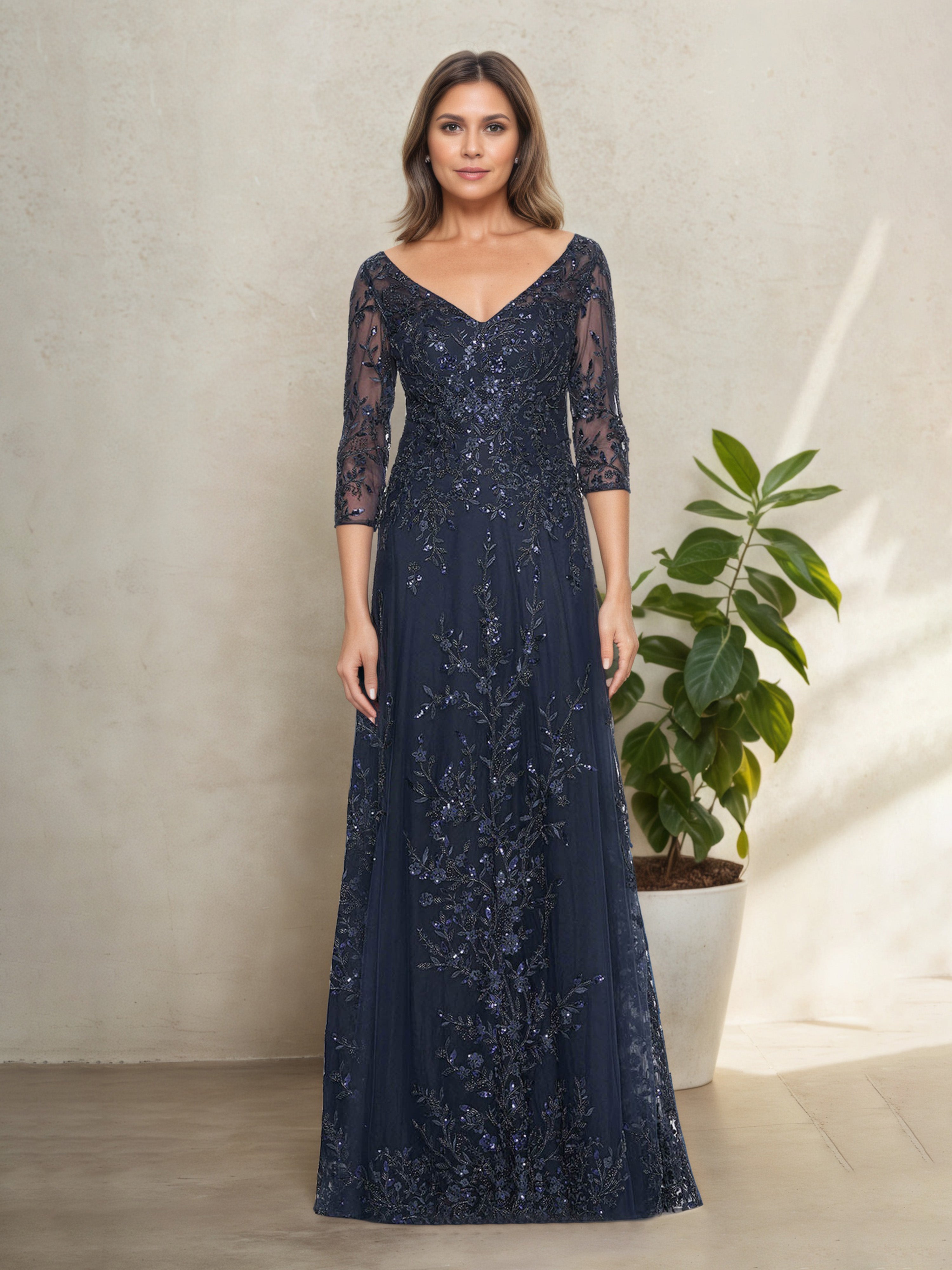 Robe Mère de la Mariée BLEU_MARINE en Dentelle Silhouette A-Line Longue à Décolleté en V et Manches 3/4
