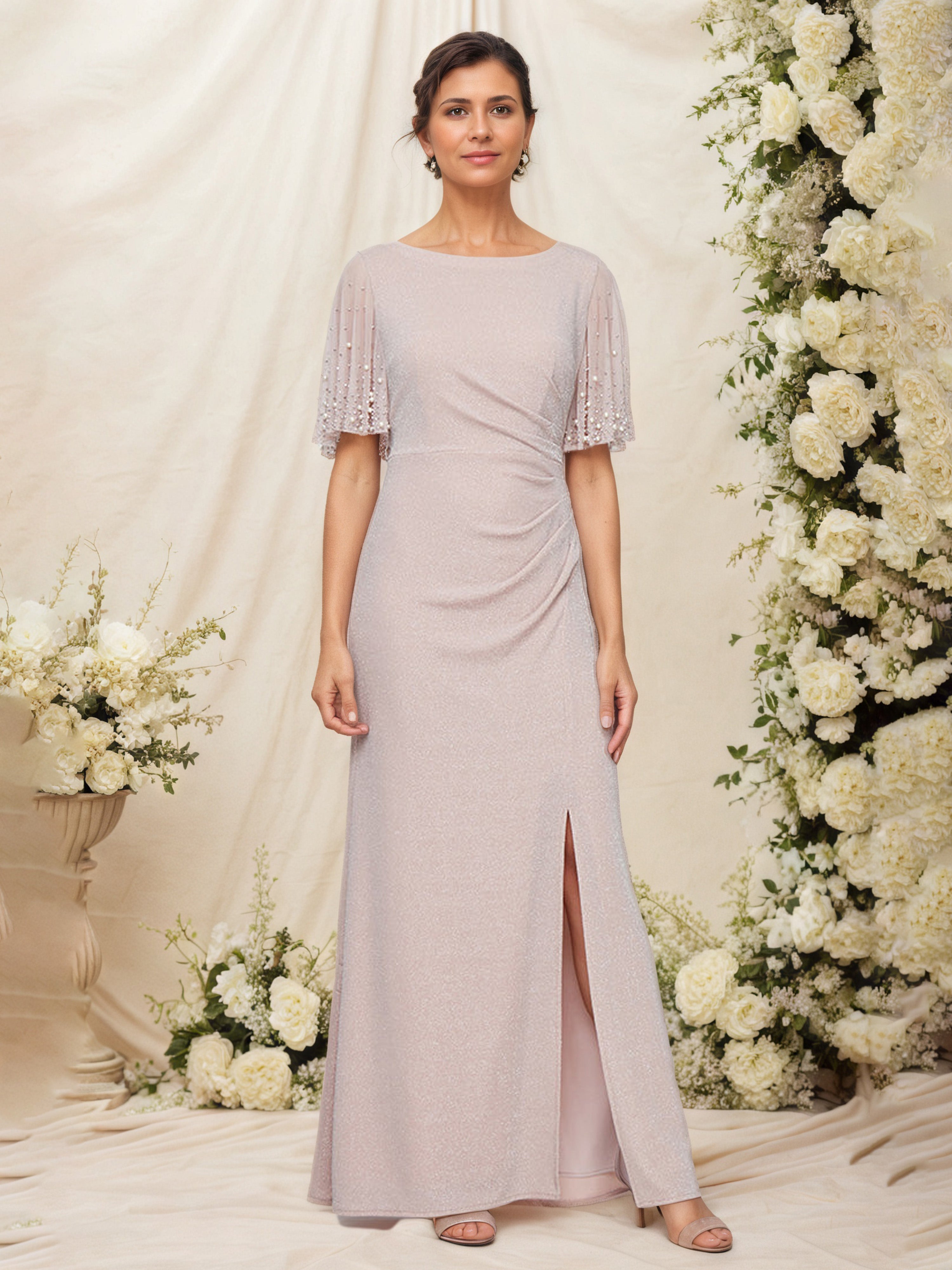 Robe Mère de la Mariée ROSE Fourreau/Colonne Fendue Col ras du cou Demi Manches Froncé Taille