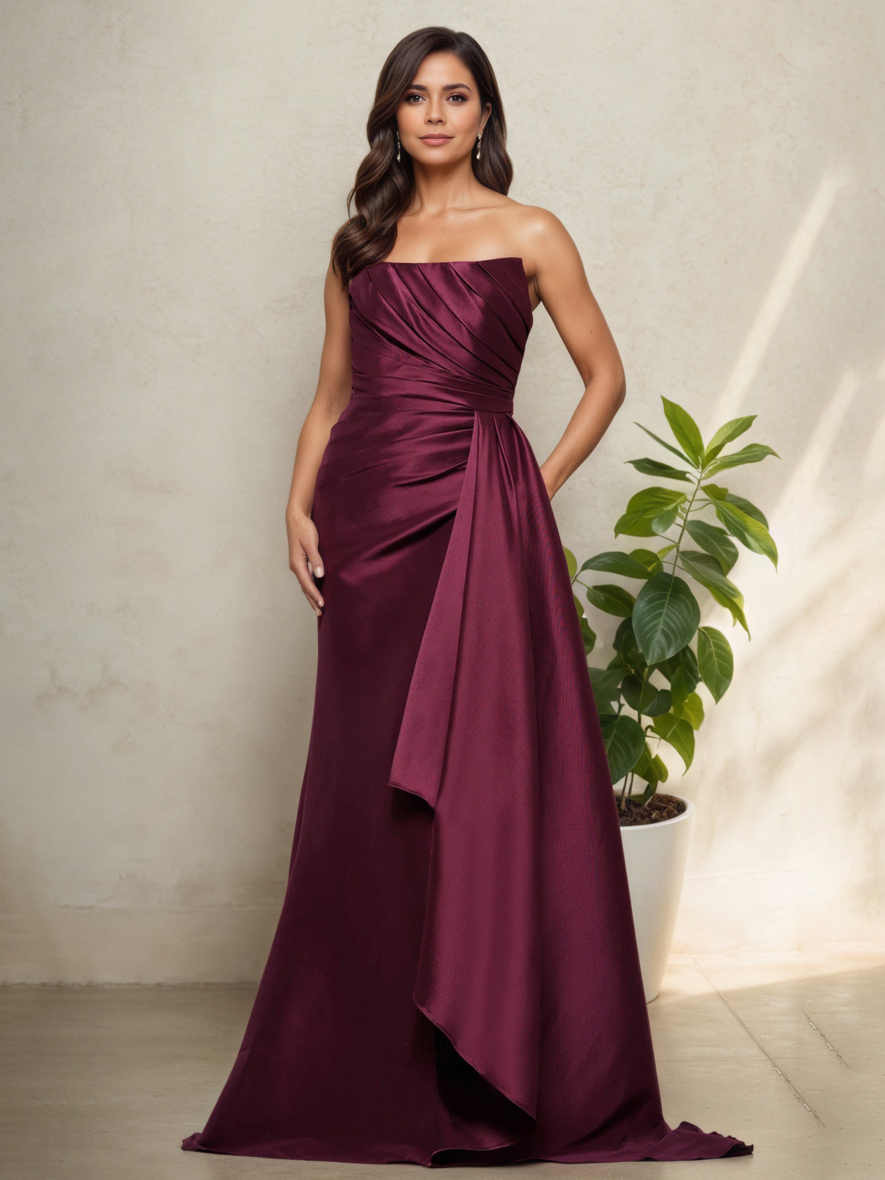 Robe Mère de la Mariée Cabernet Sans Bretelles Silhouette Sirène à Plissés Sophistiqués