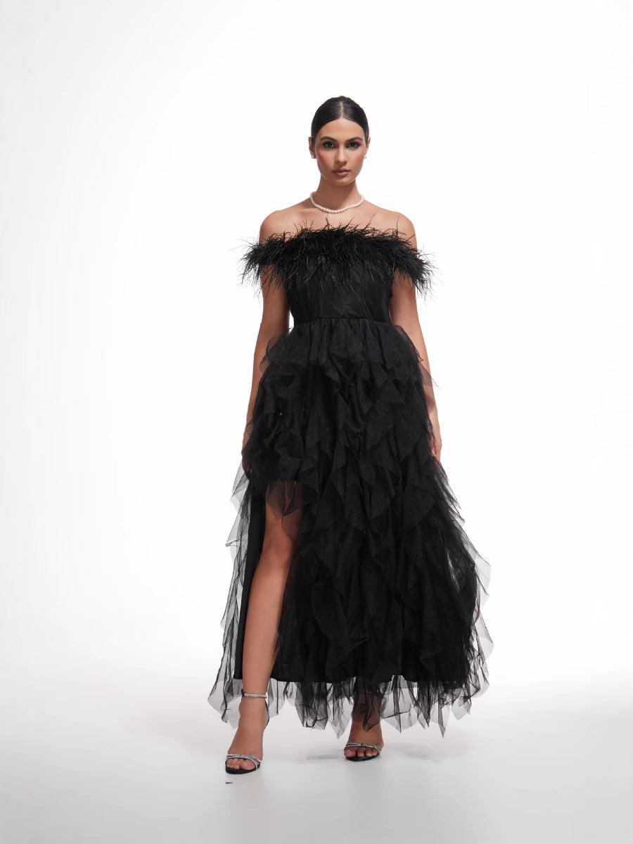 Robe Longue Trapèze Épaule Dénudée Sans Manches Robe de Soirée en Noir