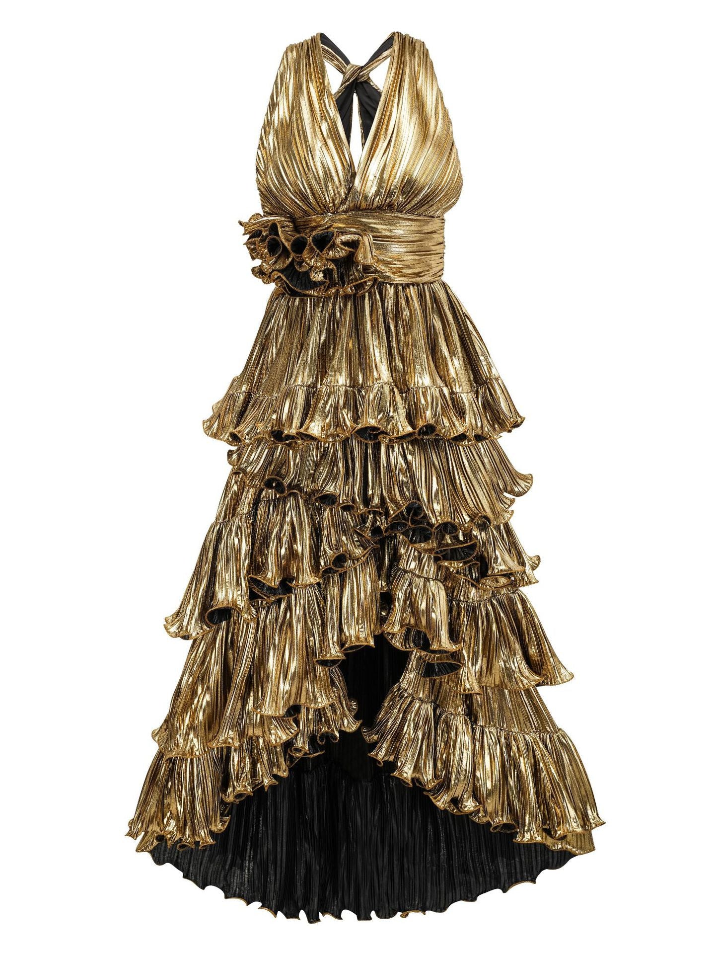 Robe Longue Asymétrique Col V Sans Manches Robe de Soirée en Or