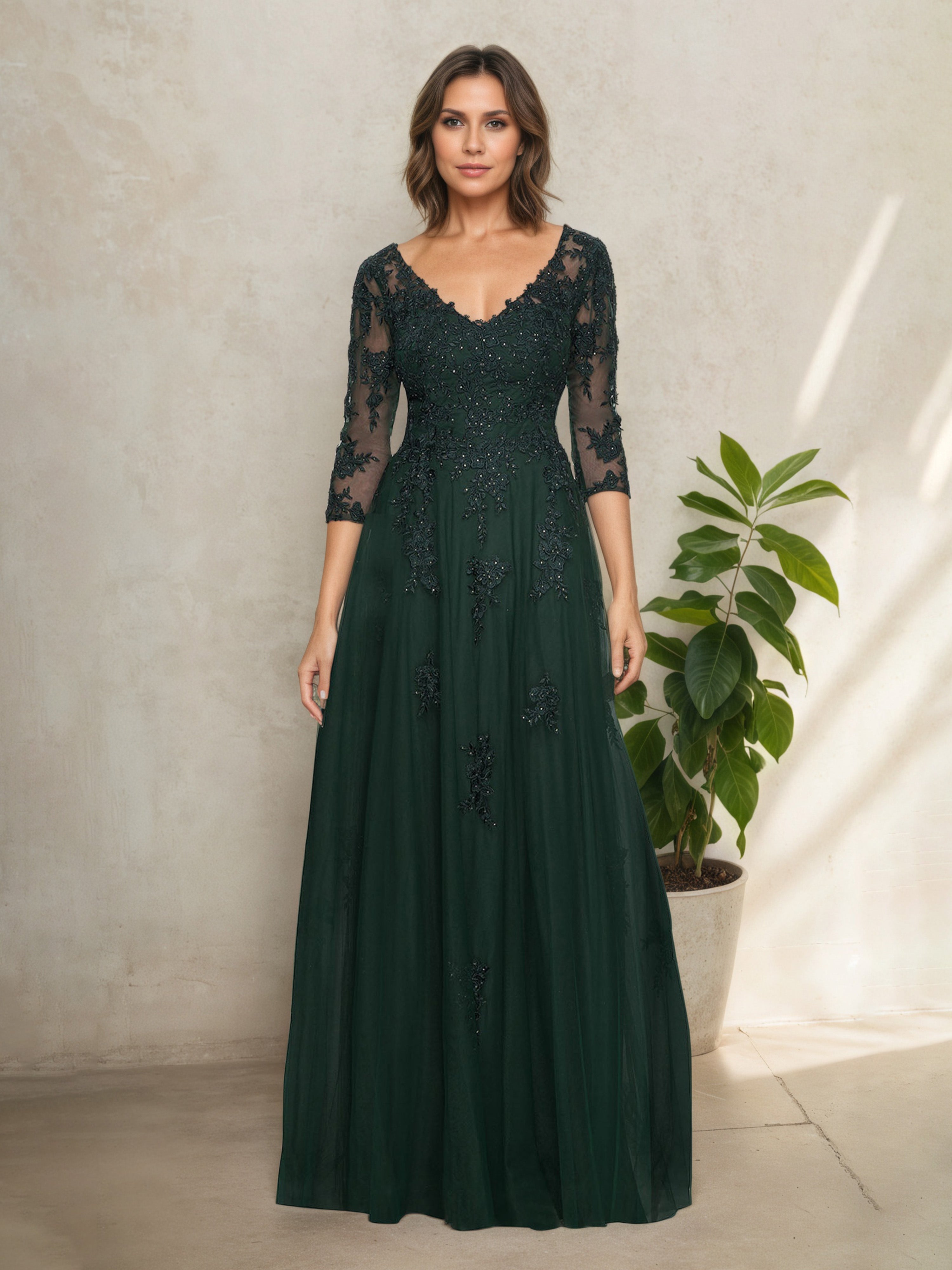 Robe Mère de la Mariée VERT_FONCE Col V en Dentelle Manches 3/4