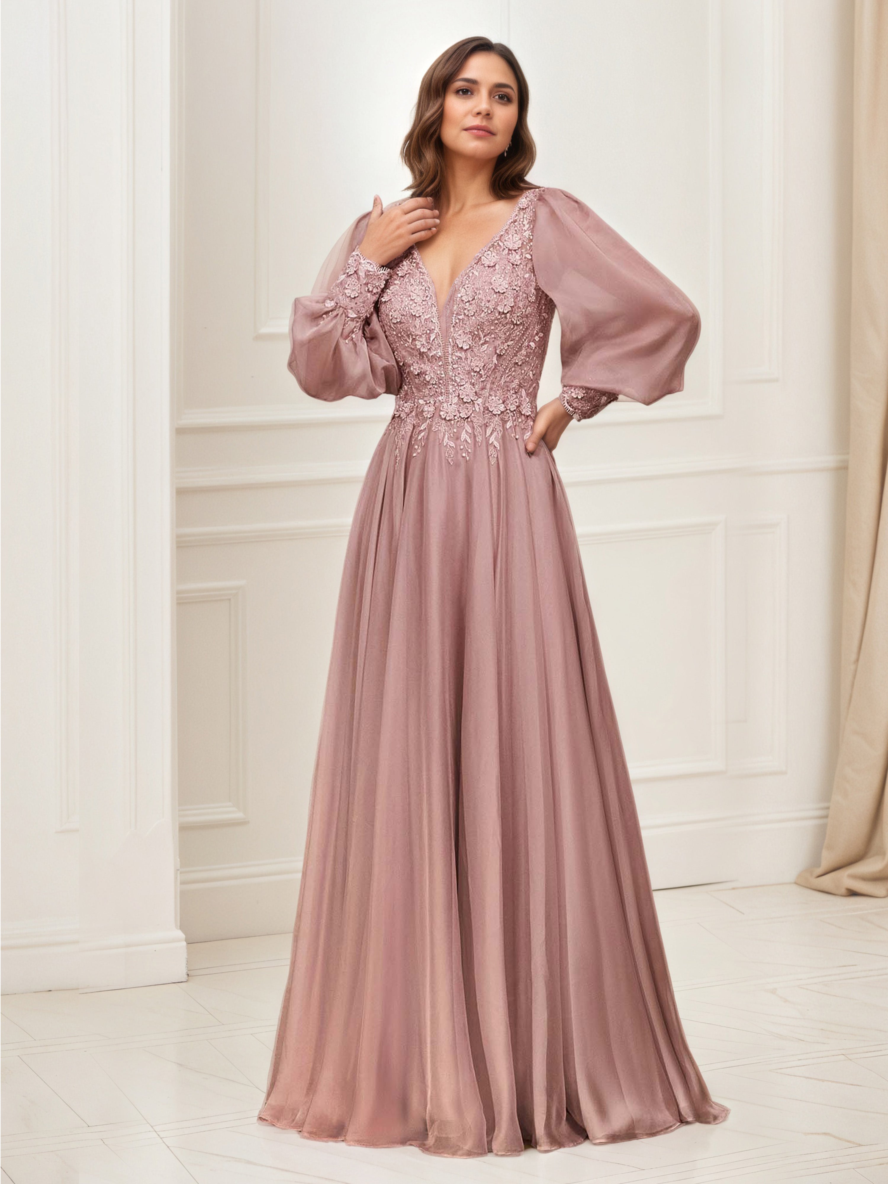 Robe de Soirée VINTAGE_MAUVE Col V Robe Dentelle et Mousseline Trapèze Manches Longue