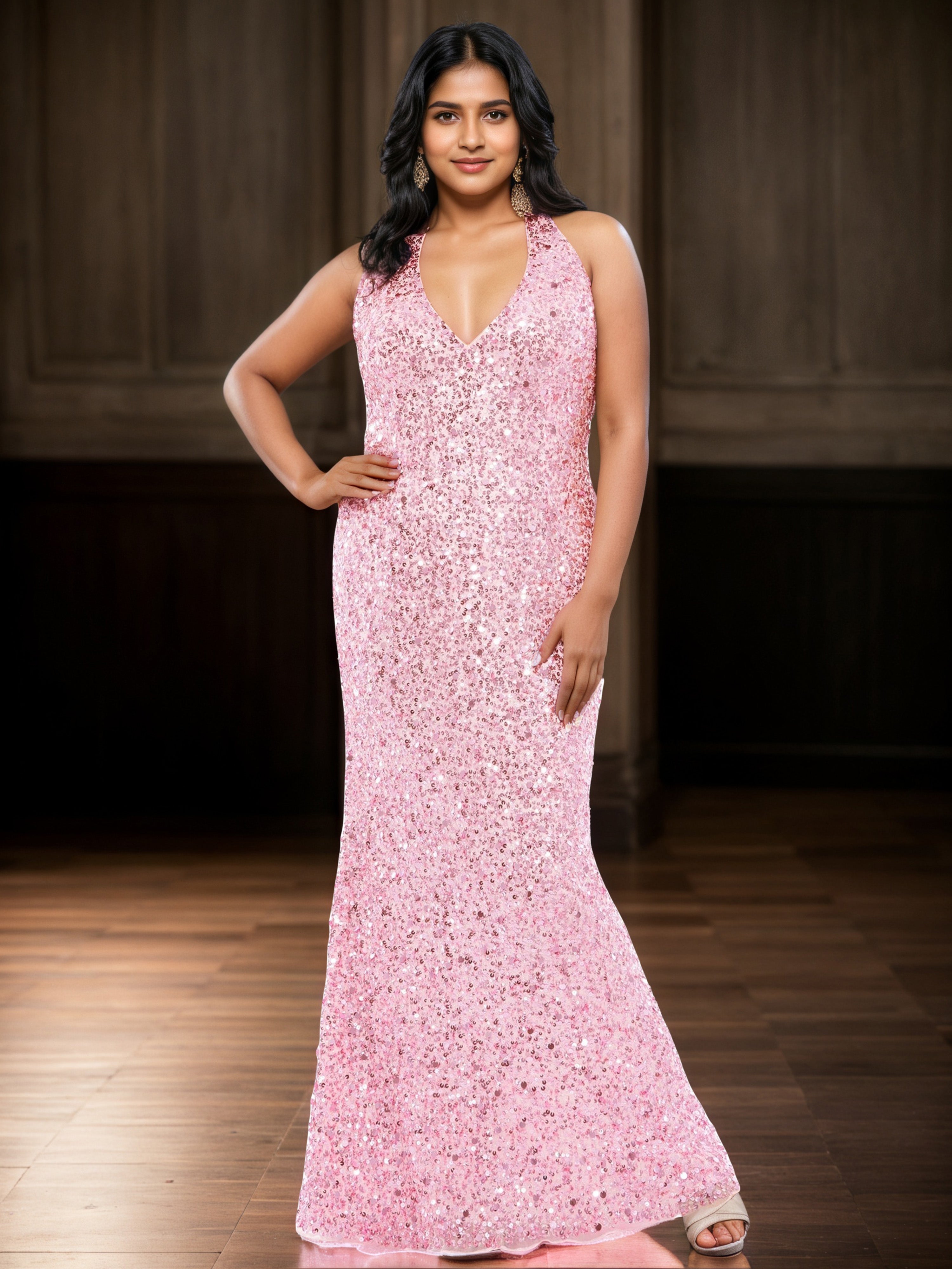 Robe de Bal Rose Bonbon à Paillettes Grande Taille Sans Manches Longue