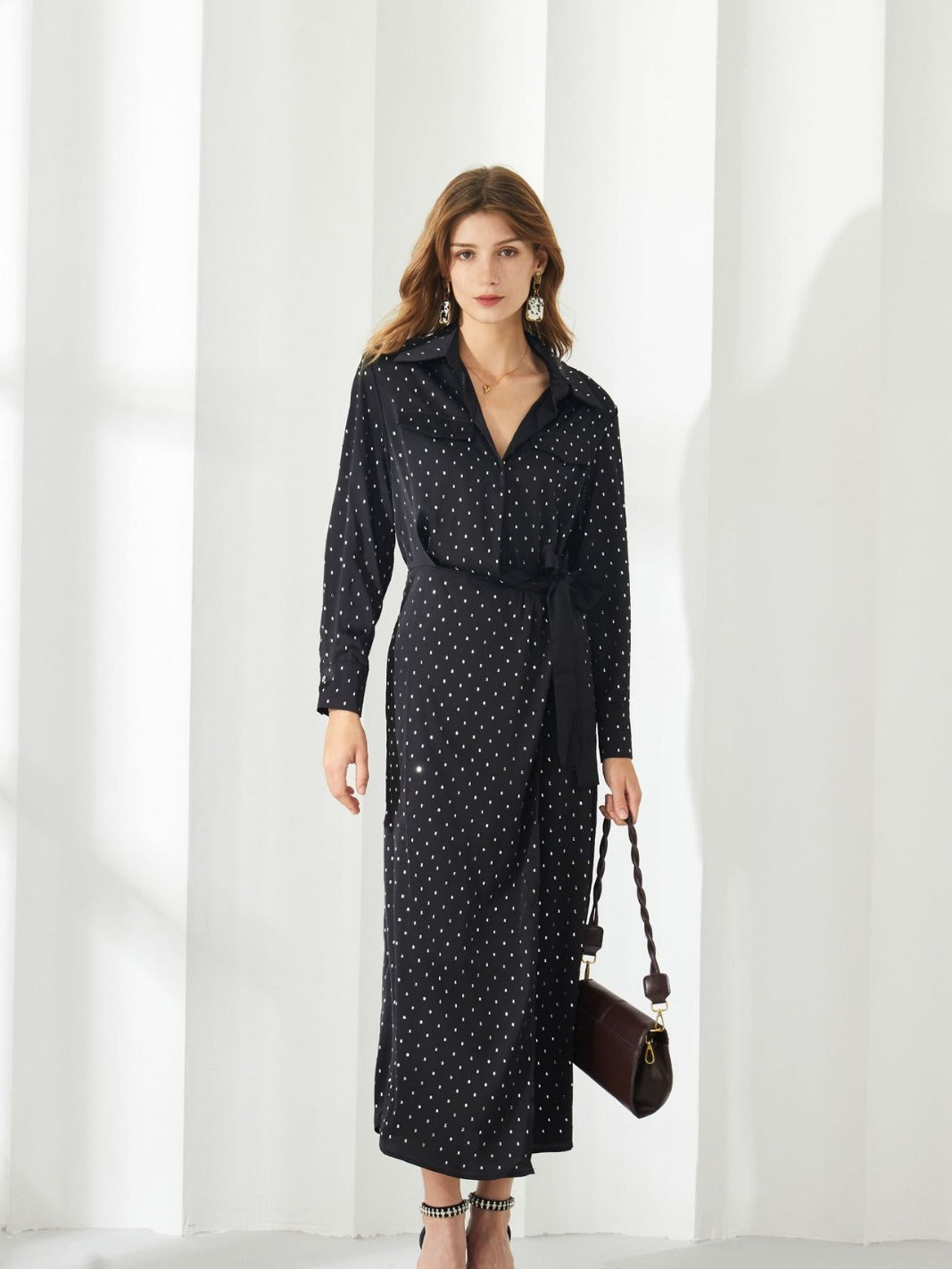 Robe Trapèze Col Polo Manches Longues Robe de Soirée en Noir