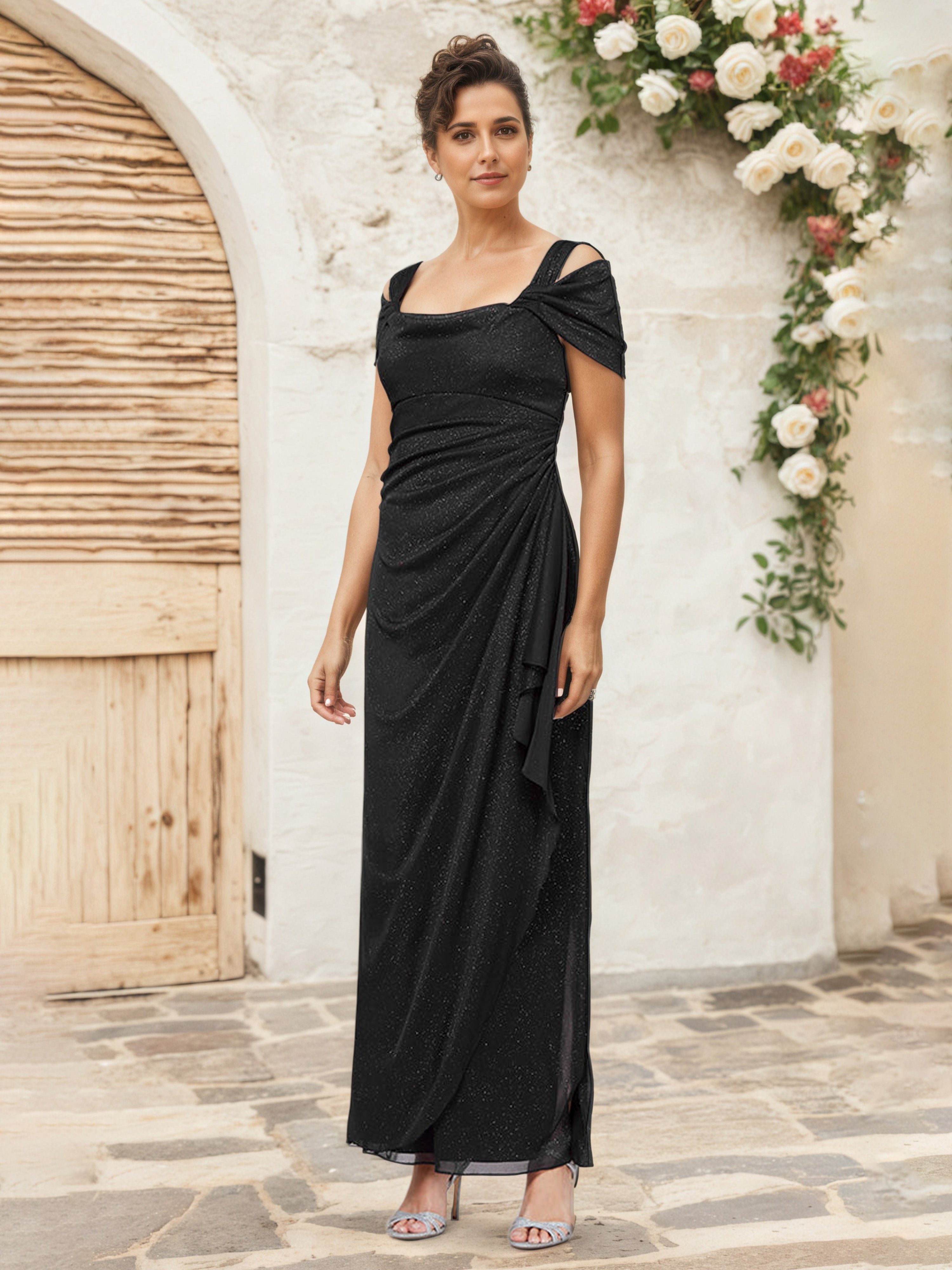 Robe Mere Dela Mariee Noir Fourreau/Colonne Épaule Dénudée Robe Pilssée
