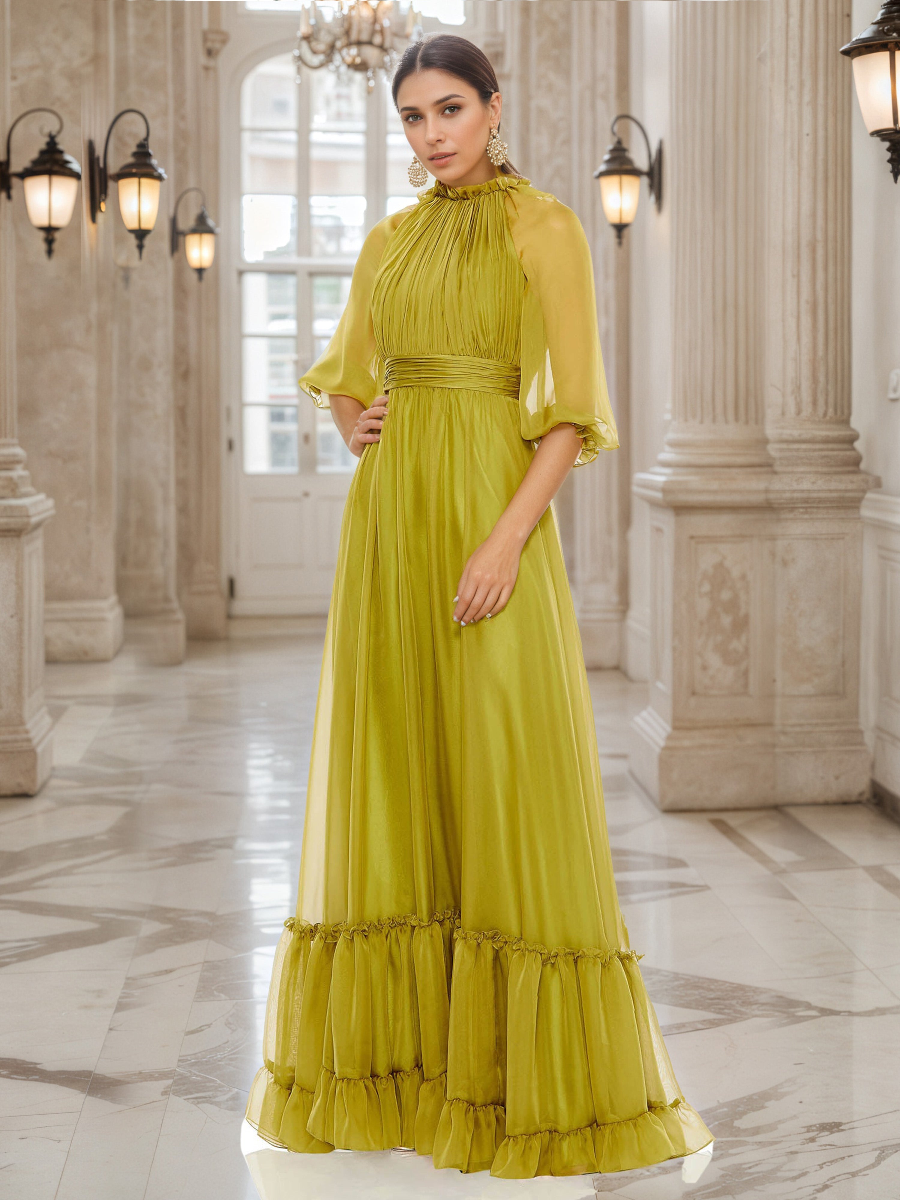 Elégante Robe de Soirée Olive Col Rond Mousseline Trapèze à Manches Transparentes