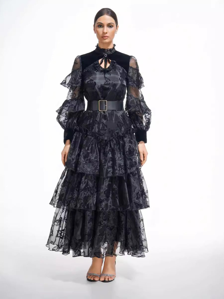 Robe Longue Trapèze Col Roulé Mi-Haut Manches Longues Robe de Soirée en Noir