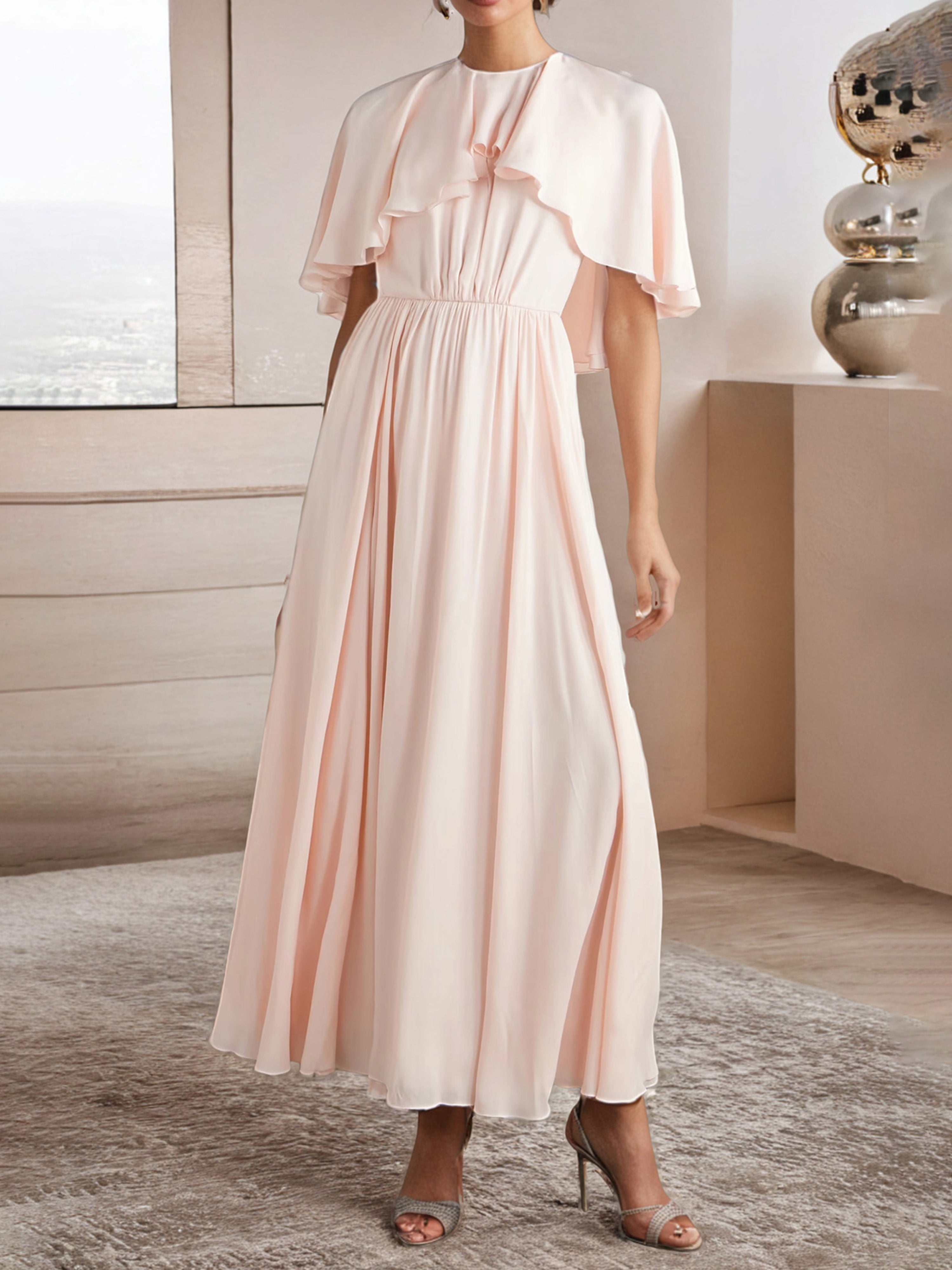 Robe de Soirée ROSE_PALE Trapèze Mousseline avec Manches Cape