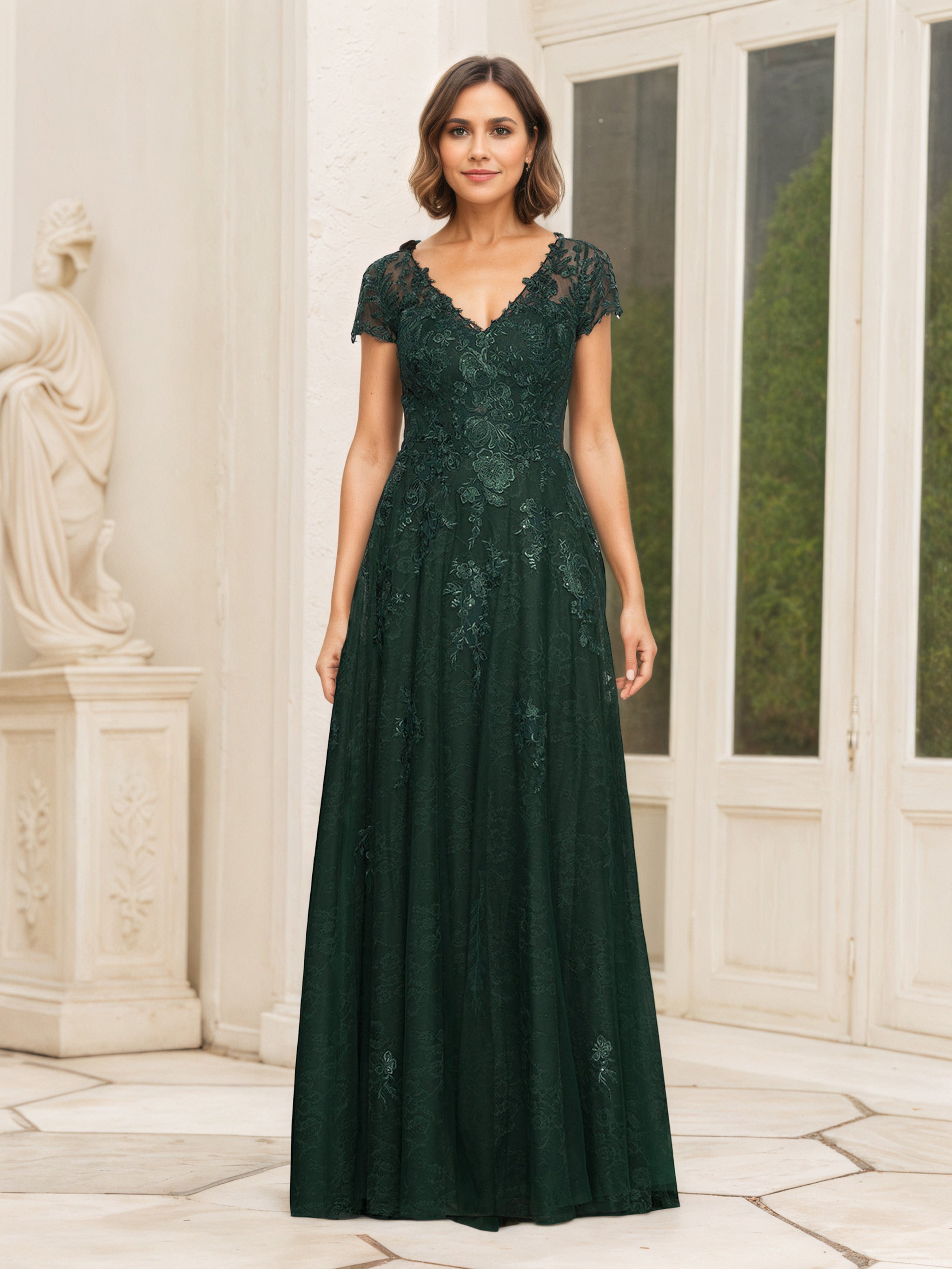 Robe Mère de la Mariée VERT_FONCE en Dentelle Manches Courtes à Décolleté en V
