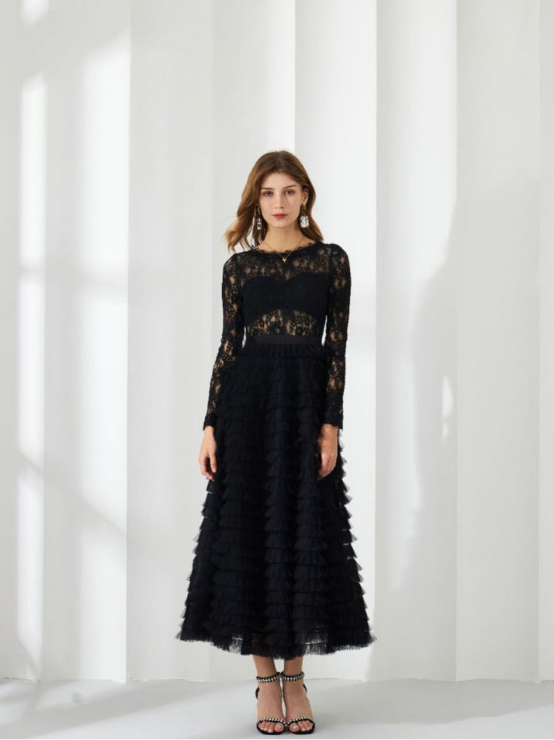 Robe Dentelle Trapèze Col Rond Manches Longues Robe de Soirée en Noir