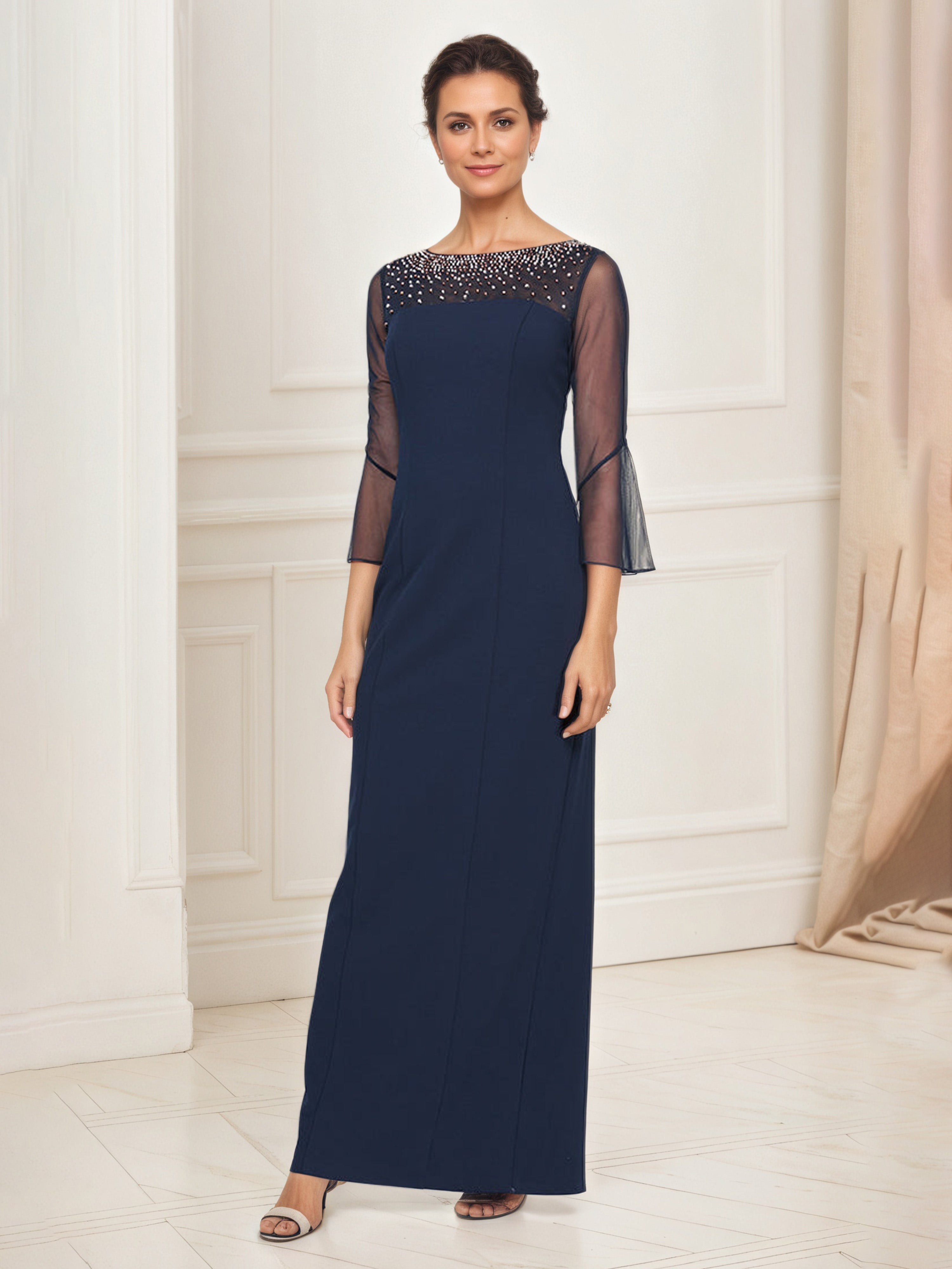 Robe Mère de la Mariée BLEU_MARINE Robe Longue Fourreau/Colonne Col Bateau en perles Manches illusion 3/4