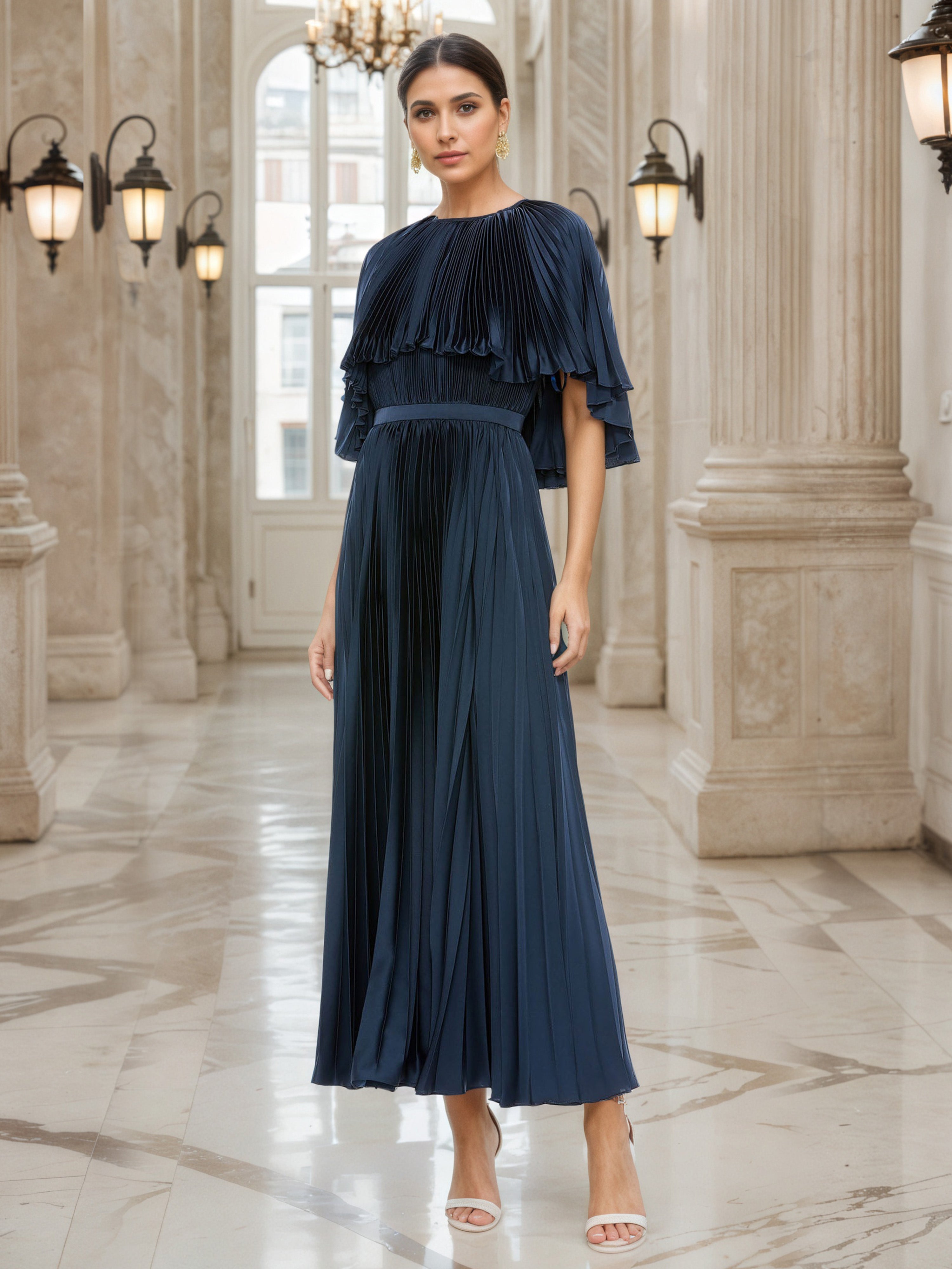 Elégante Robe de Soirée BLEU_MARINE Col ras du cou Trapèze à Manchette Robe Plissée