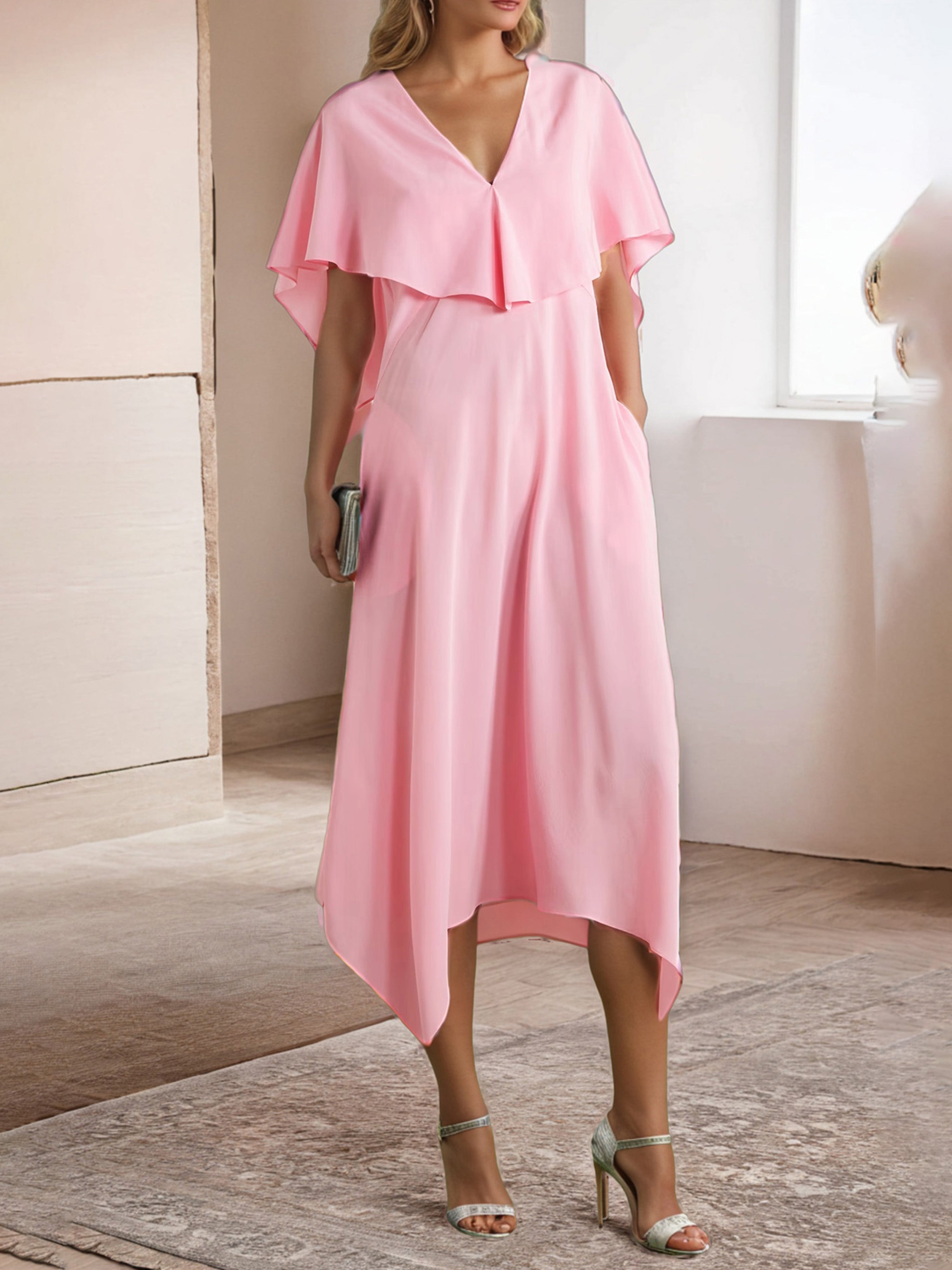 Robe de Soirée Rose Bonbon Col V Mi longue Trapèze Mousseline avec Manches Cape