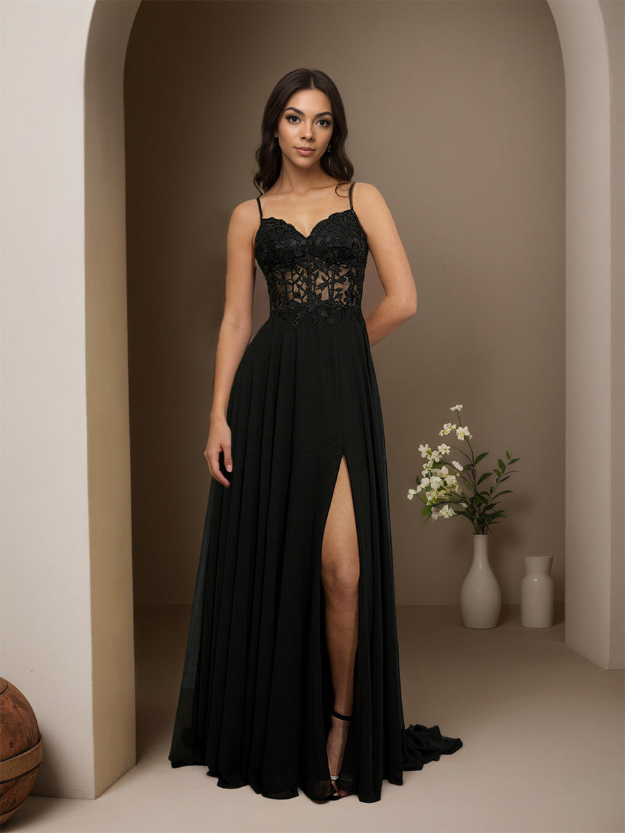 Cicinia Noir Robe de Soirée Longue en Mousseline Appliqués Dentelle A-Line Traîne Balayée