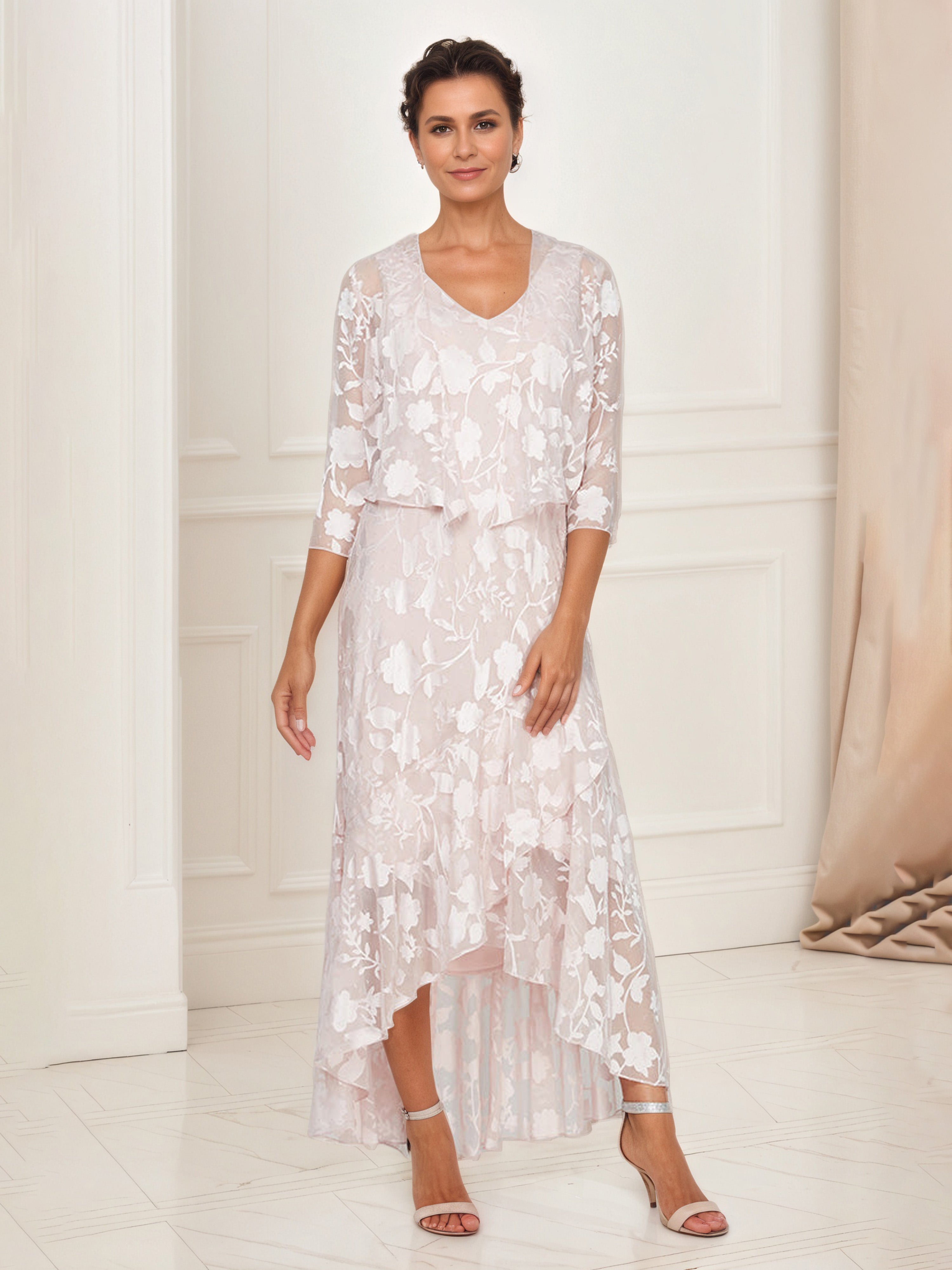Tenue Mère De la Mariée Très Chic ROSE_PERLE Robe Ensemble Asymétrique en Forme de Tulipe Avec Manches 3/4 Veste