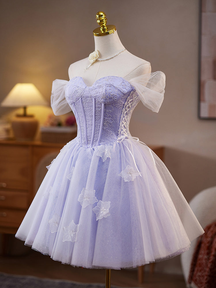 Robe de bal en Lilas Robe Style Princesse Épaule Dénudée Ornée de Roses sans Manches