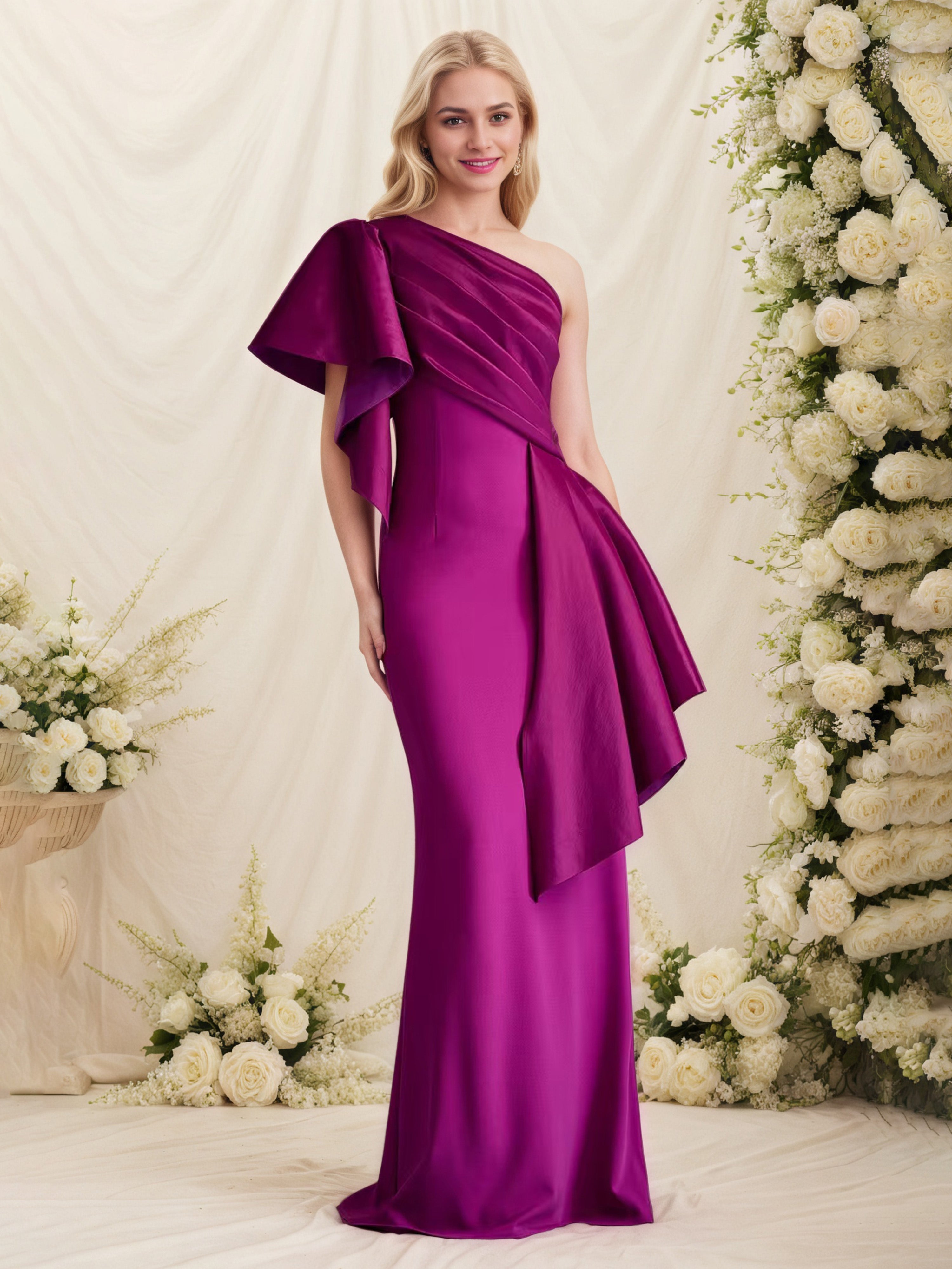 Robe Cérémonie Mariage Mère Du Marié FUCHSIA Satin Extensible Seule épaule Robe Mère de la Mariée