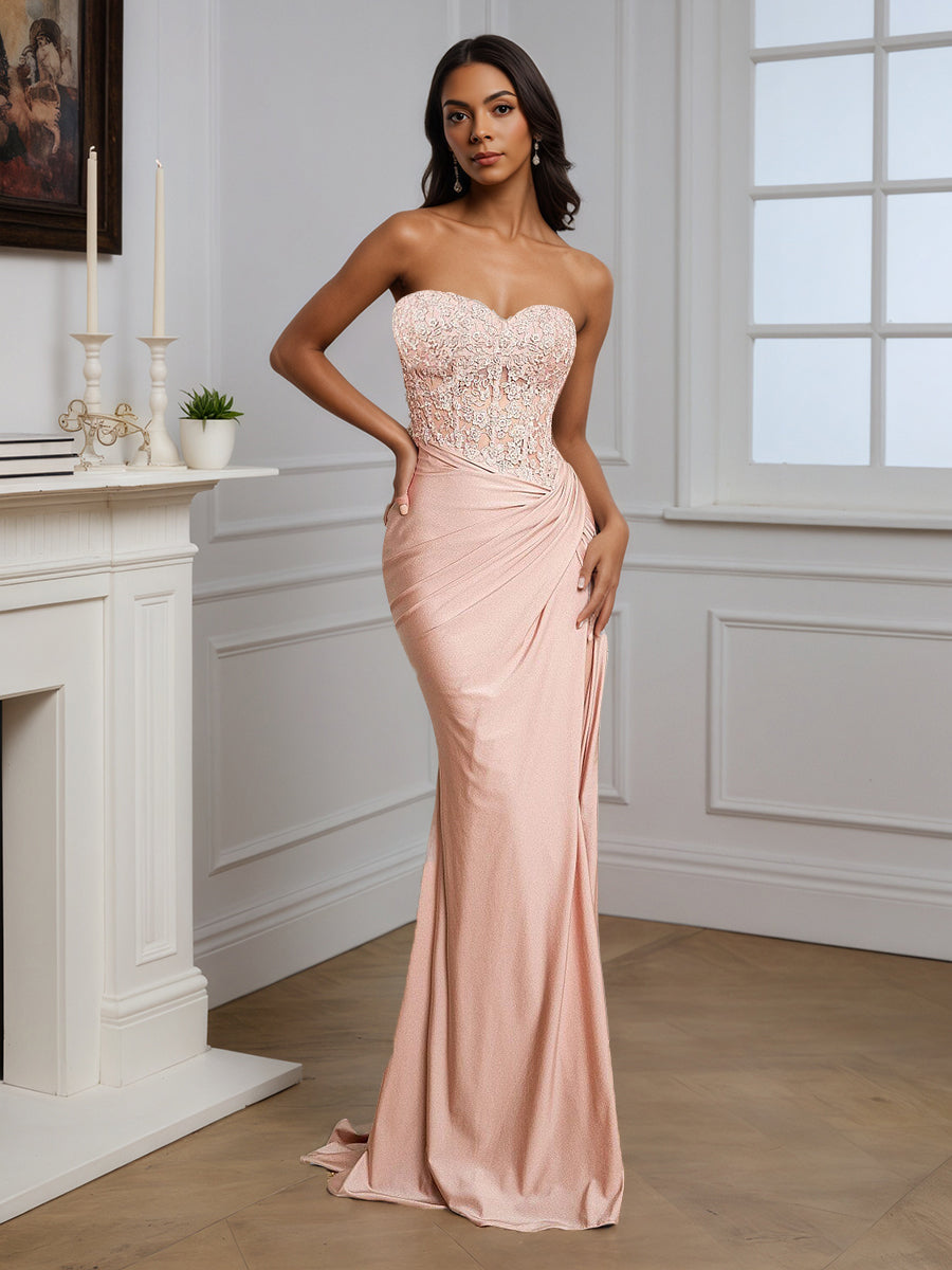 Cicinia ROSE PALE Robe de Soirée Longue Sirène sans Bretelles Fente Traîne Balayée Magnifique