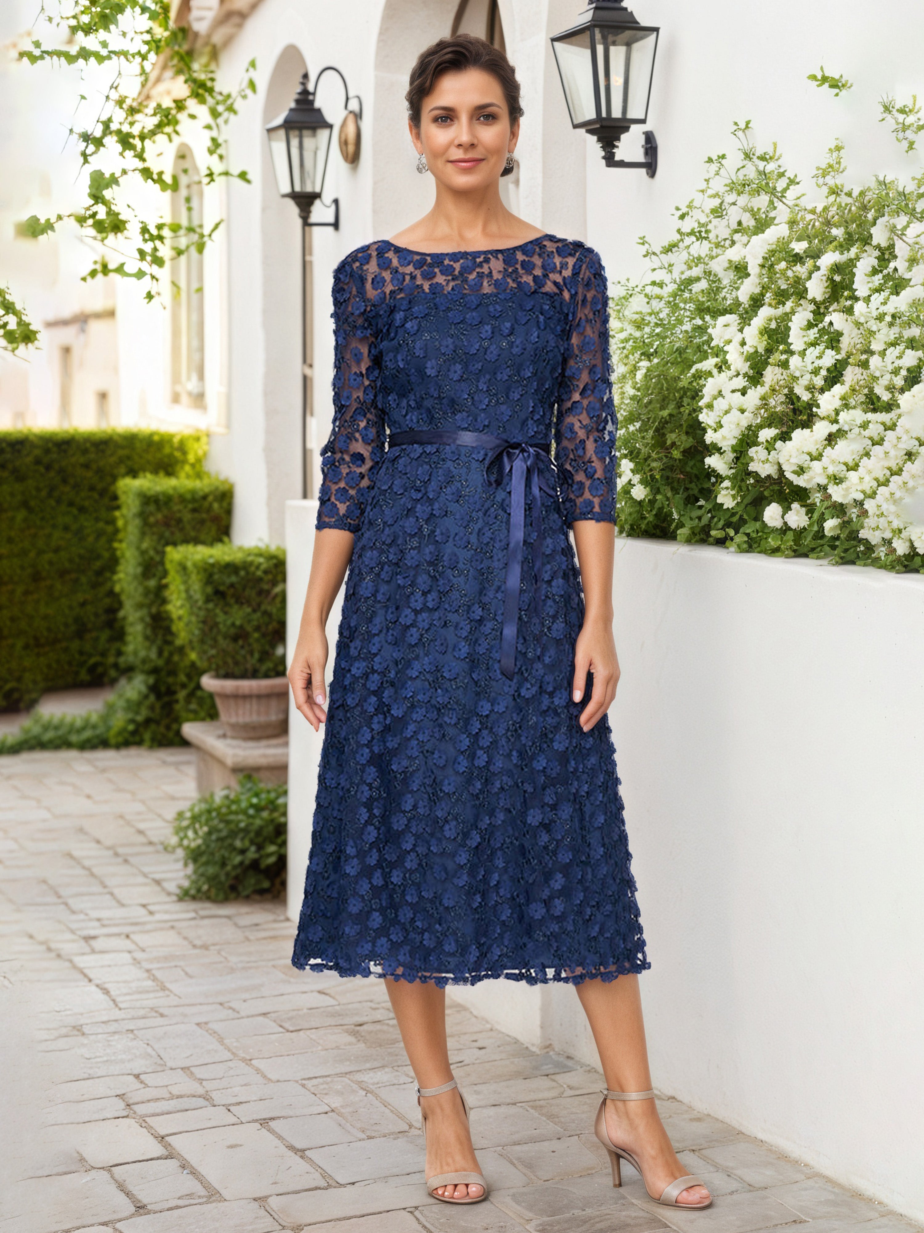 Robe Mere dela Mariee BLEU_MARINE Trapèze Col Bateau Robe Mi-Longue Manches 3/4