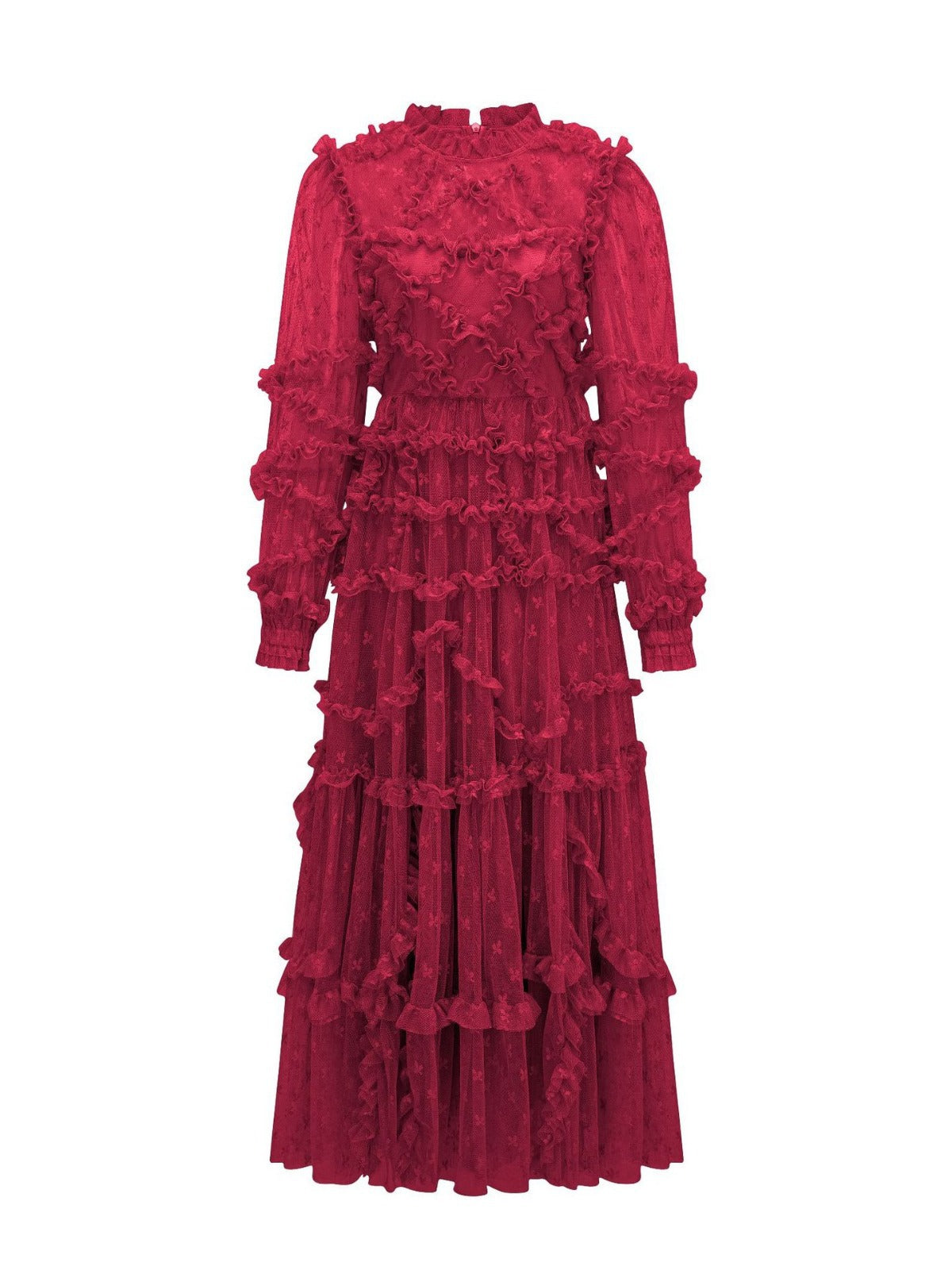 Robe Longue Broderie Trapèze Col Rond Manches Longues Robe de Soirée en Rouge