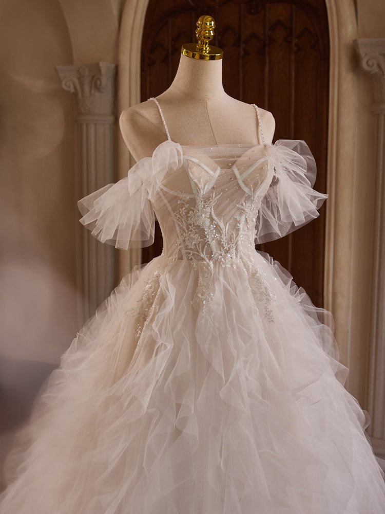 Robe de Mariée en Tulle à Volants et Épaules Dénudées Longueur Ras du Sol