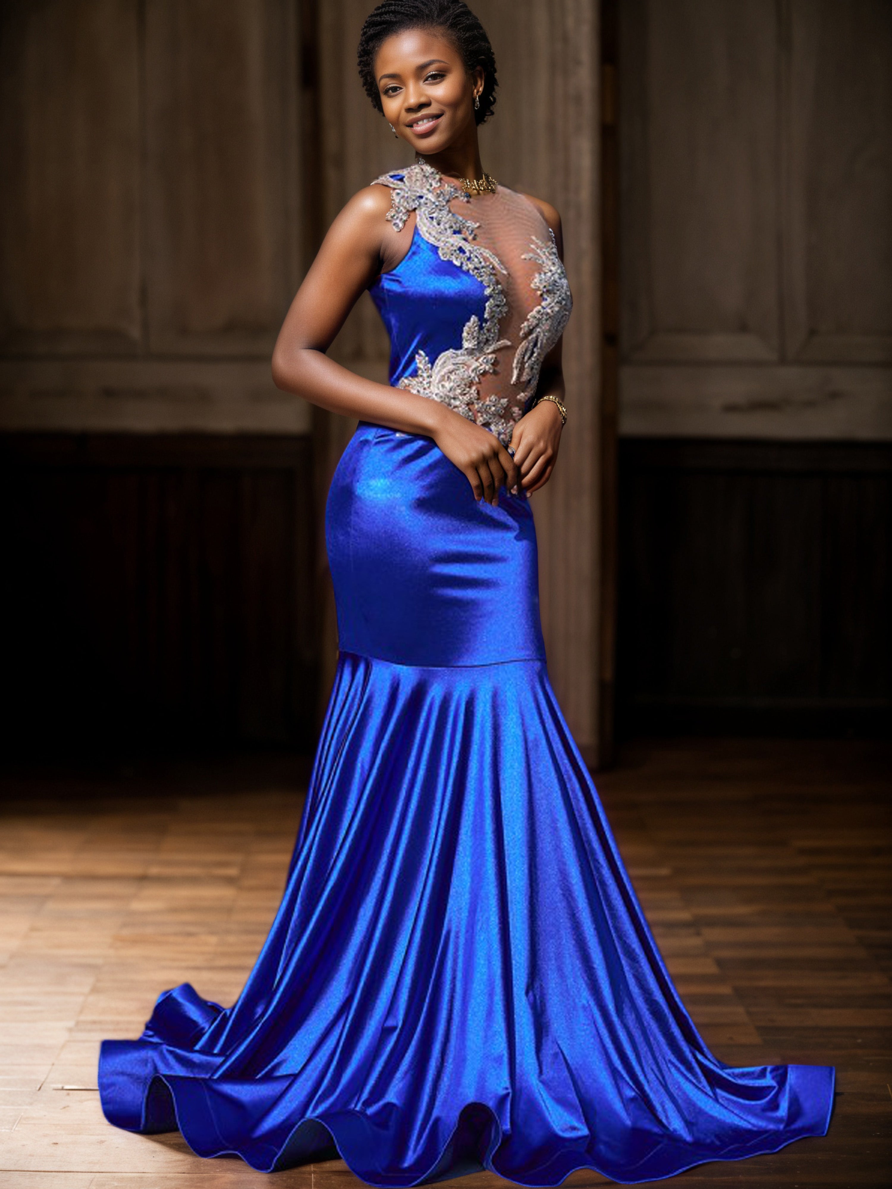 Robe de Soirée BLEU ROYALE illusion en Dentelle avec Applications Sirène Robe de Bal