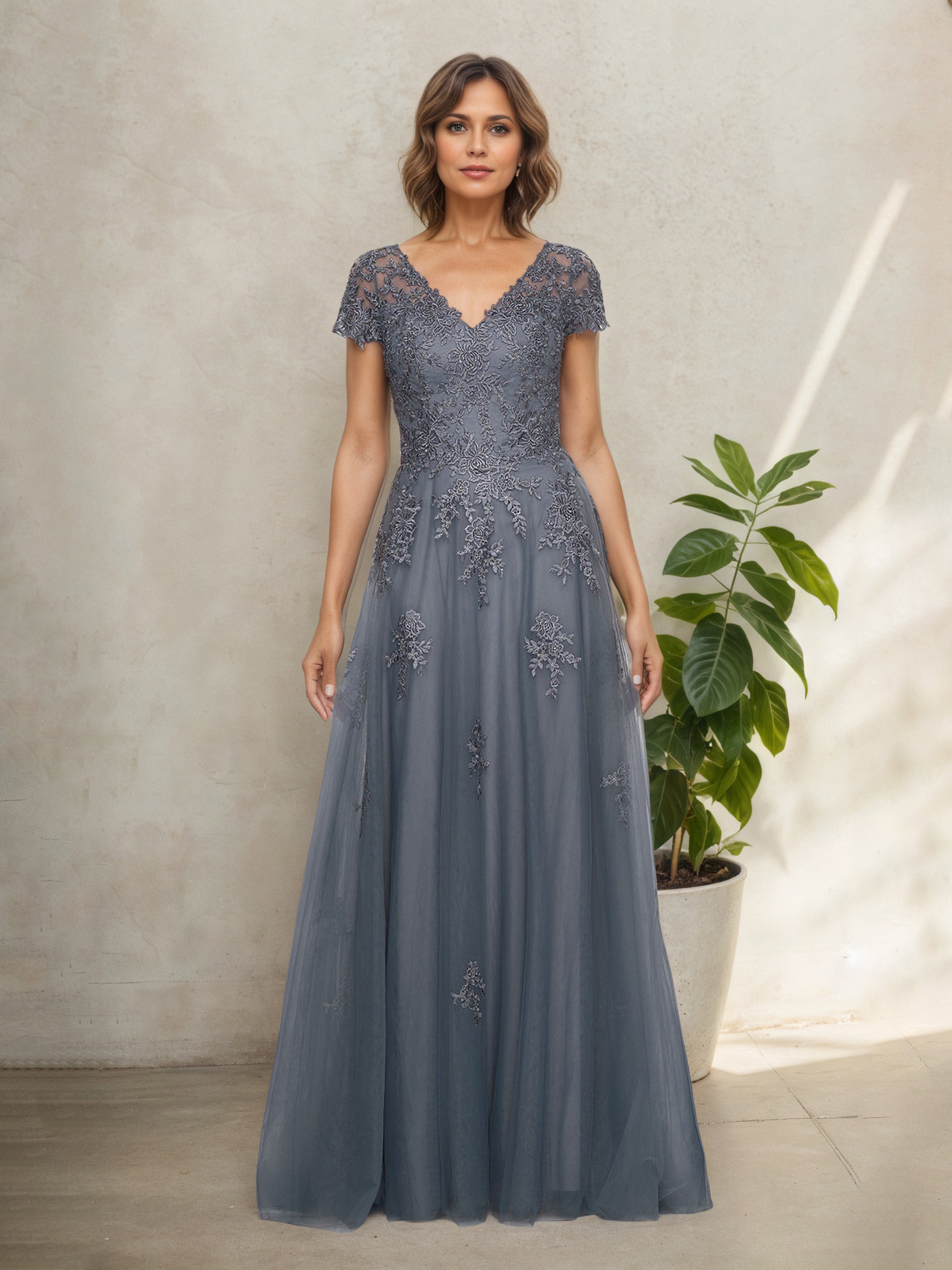 Robe Mère de la Mariée BLEU_DE_SCHISTE en Dentelle Manches Courtes à Décolleté en V