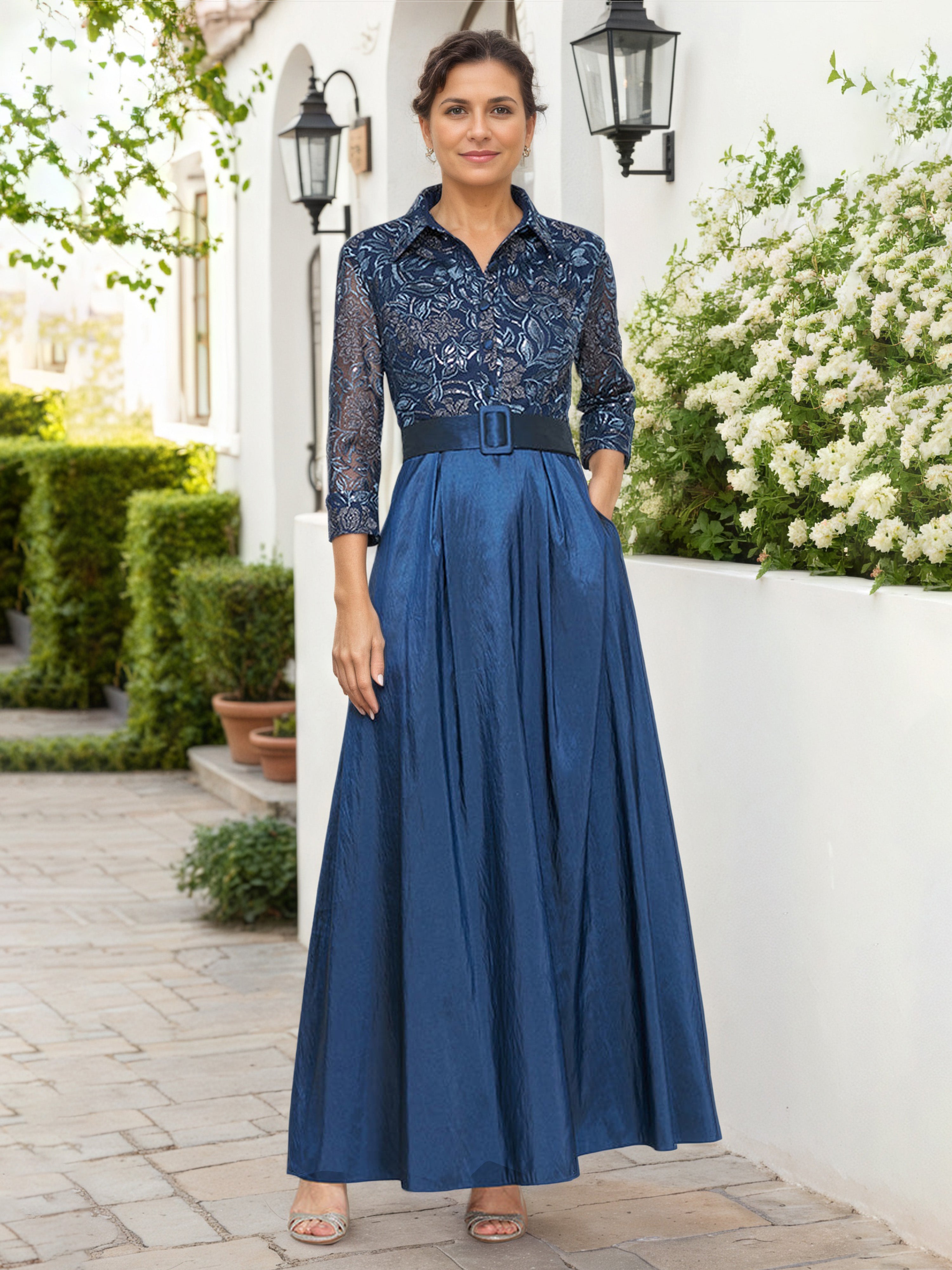 Robe Mere dela Mariee BLEU_MARINE Trapèze Corsage Brodé Manches Illusion Longues avec Ceinture