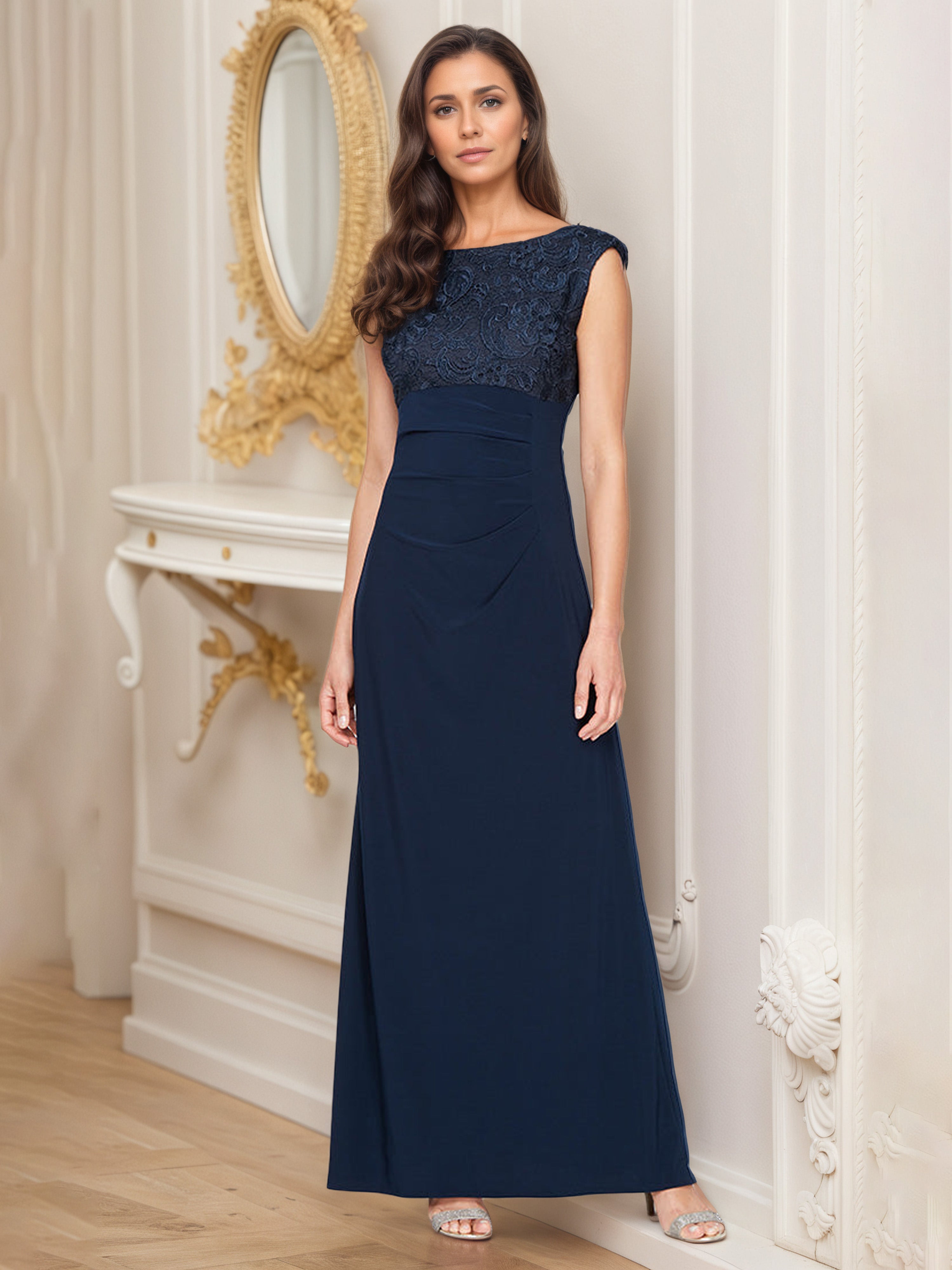 Robe Mère de la Mariée BLEU MARINE Trapèze Col Bateau Manchette Robe Longue