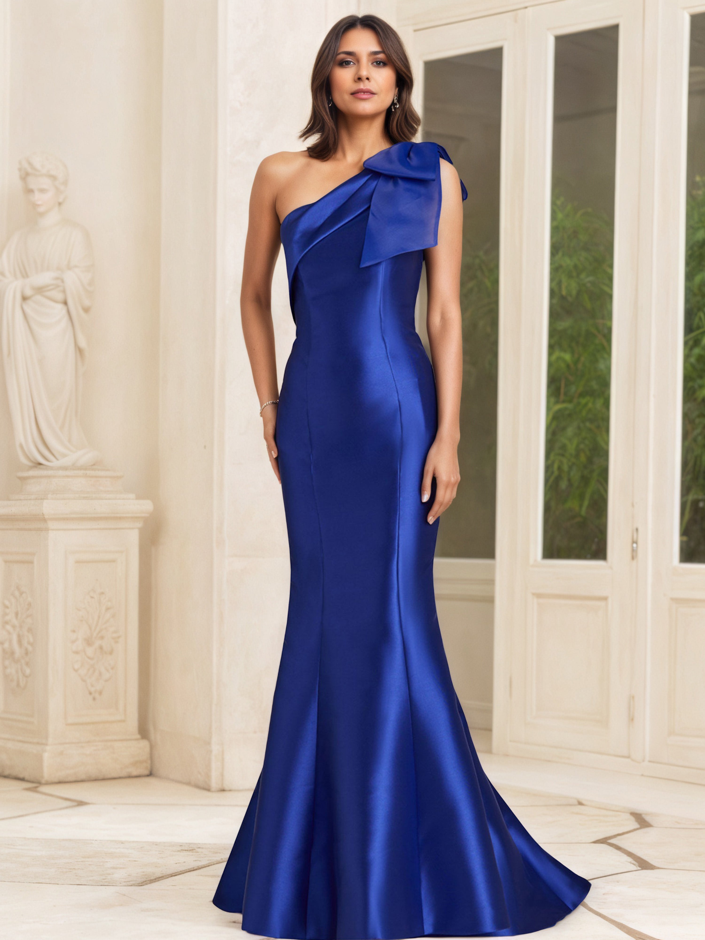 Robe Mère de la Mariée BLEU_ROYALE en Satin Trompette/Sirène à Une Épaule Longue