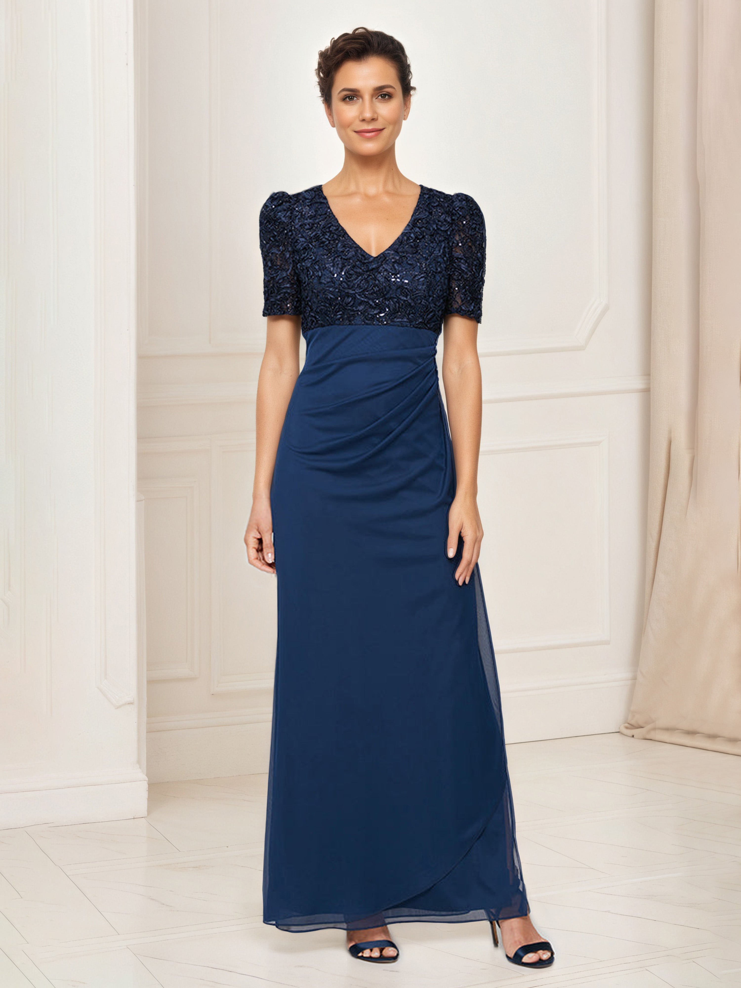 Robe Mere dela Mariee BLEU_MARINE Robe à Taille Empire Avec Paillettes Manches Bouffantes