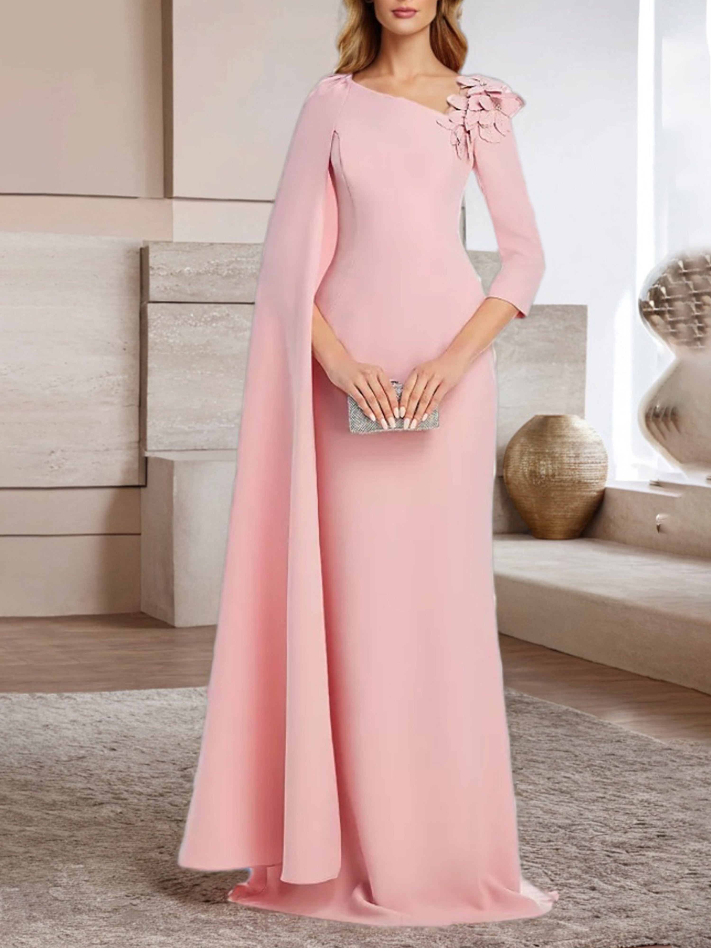 Robe de Soirée Rose Fourreau/Colonne Mousseline Manches 3/4