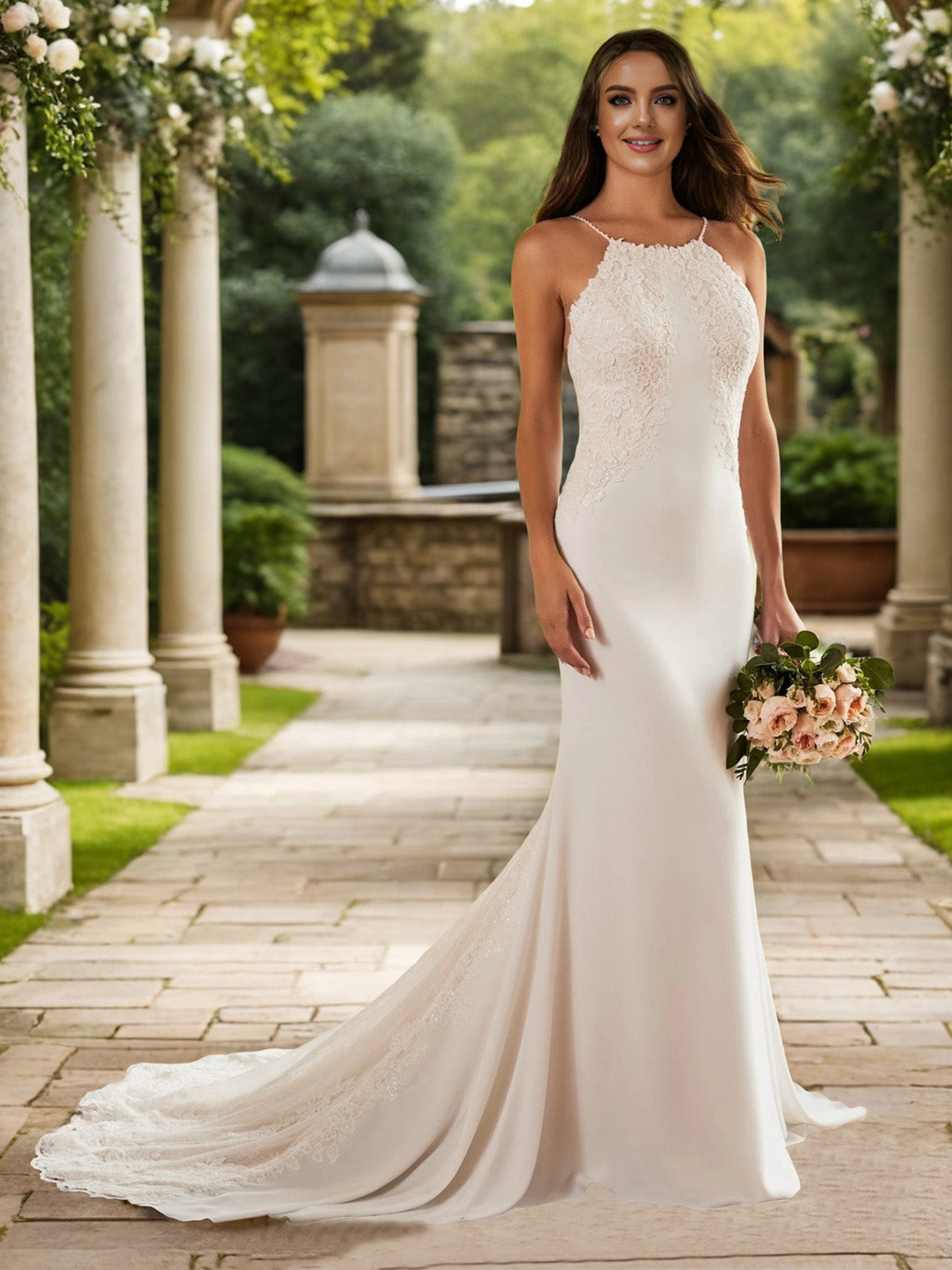 Licou Dentelle&Tissu Double FDY Robe de Mariage Sirène avec la Traîne de Balayage/Pinceau