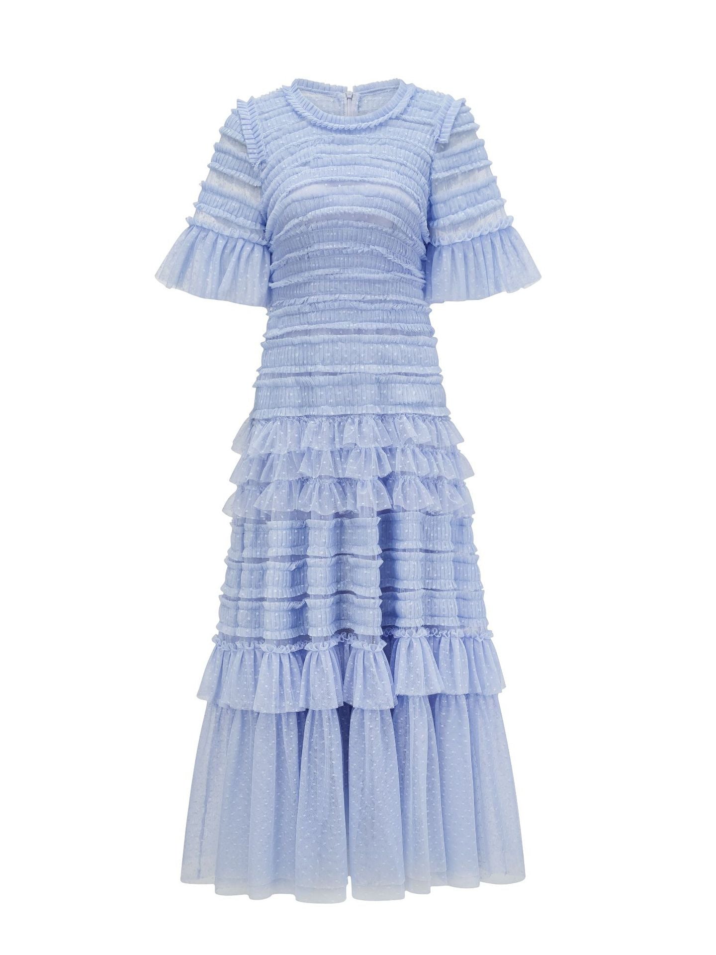 Robe Trapèze Col Rond Manches Courtes Robe de Soirée en Bleu