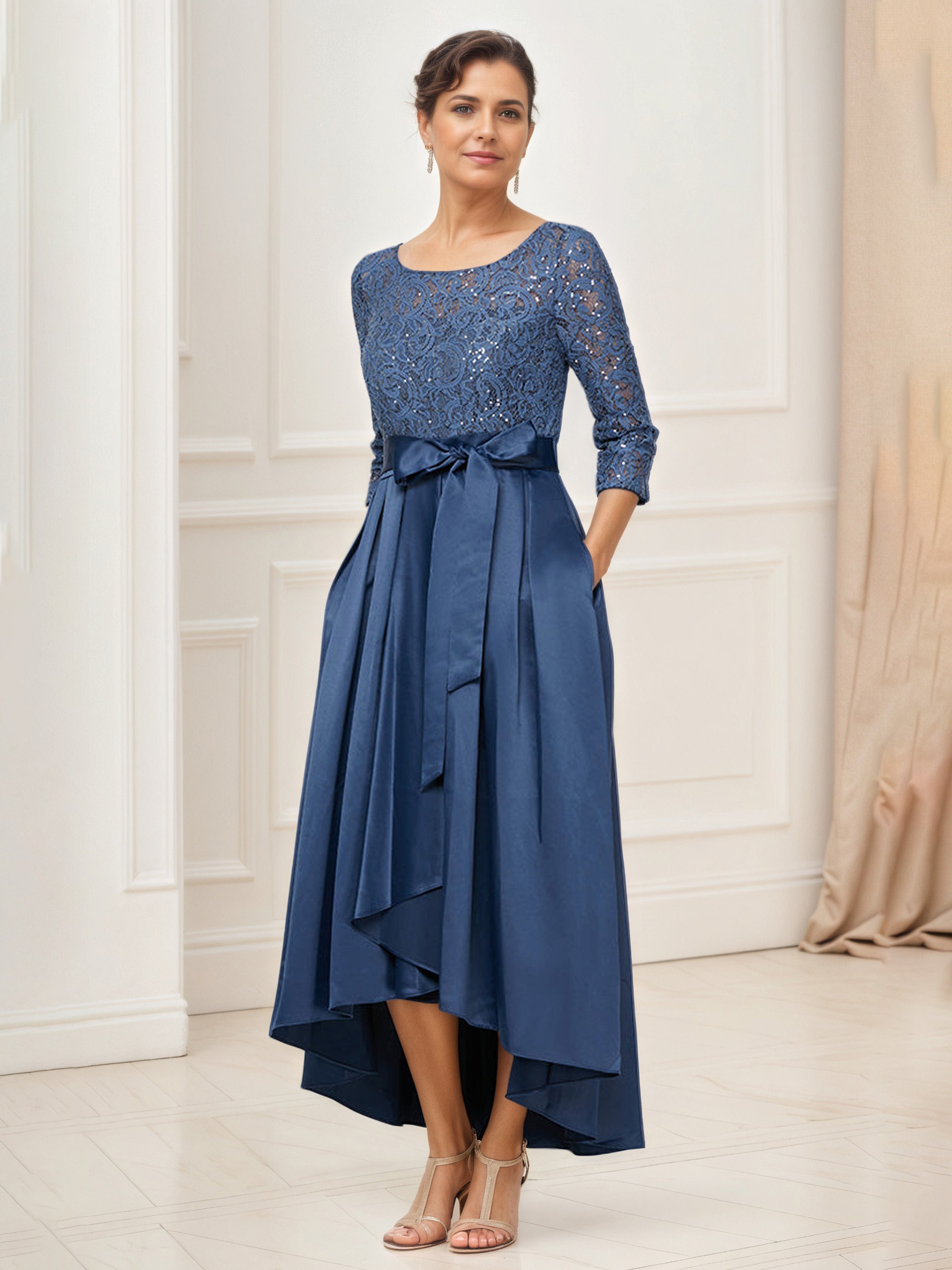 Robe Mère de la Mariée WEDGEWOOD Robe Longue Asymétrique Trapèze Col Rond Manches 3/4 avec Ceinture en ruban