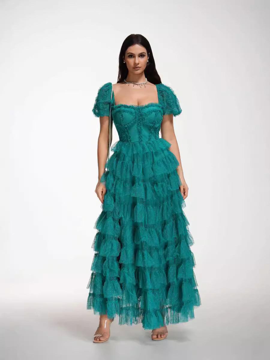 Robe Longue Trapèze Cache Cœur Manches Courtes Robe de Soirée en Paon