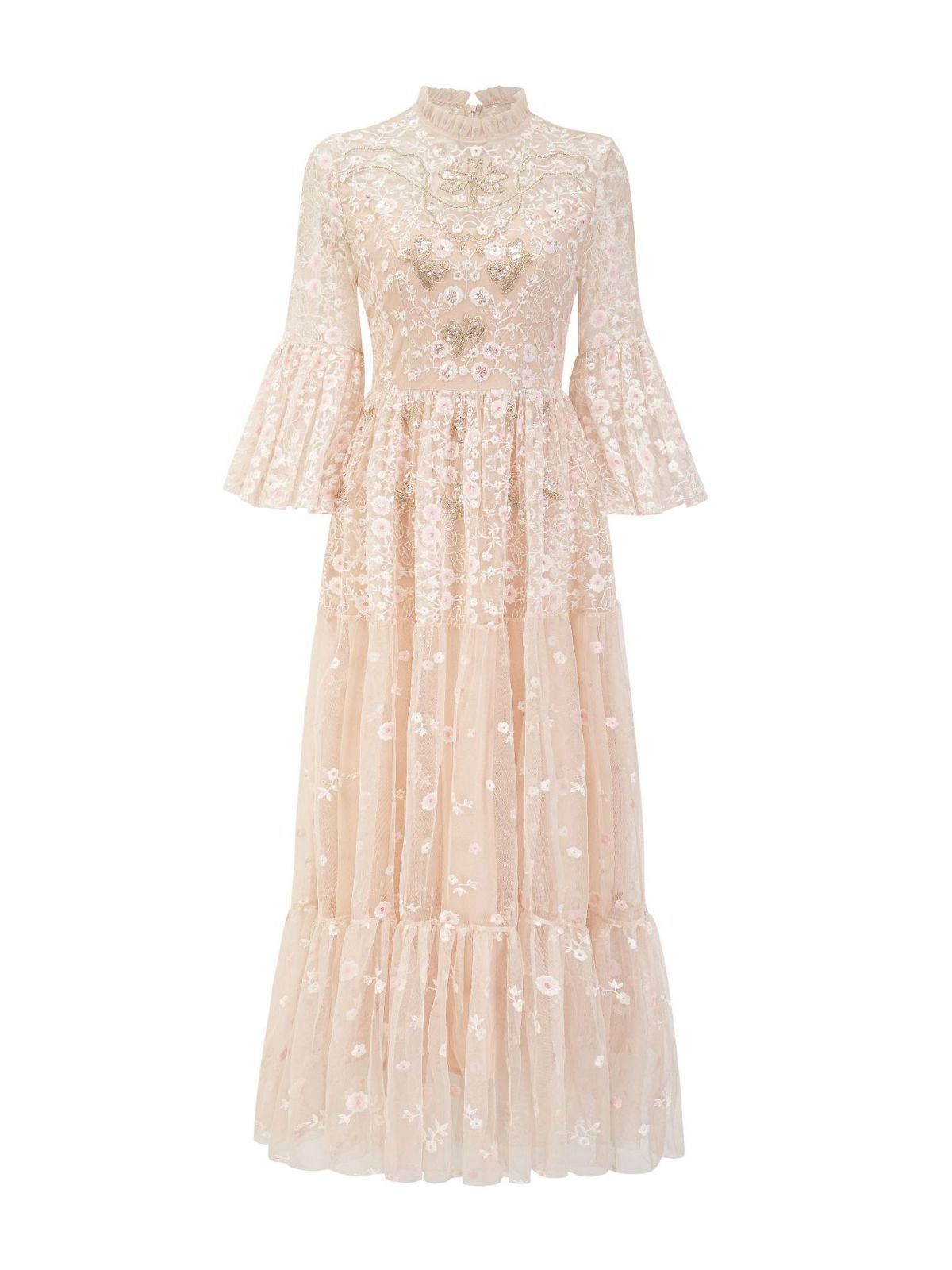 Robe en Tulle Brodée à Fleurs Manches 3/4 Robe de Soirée