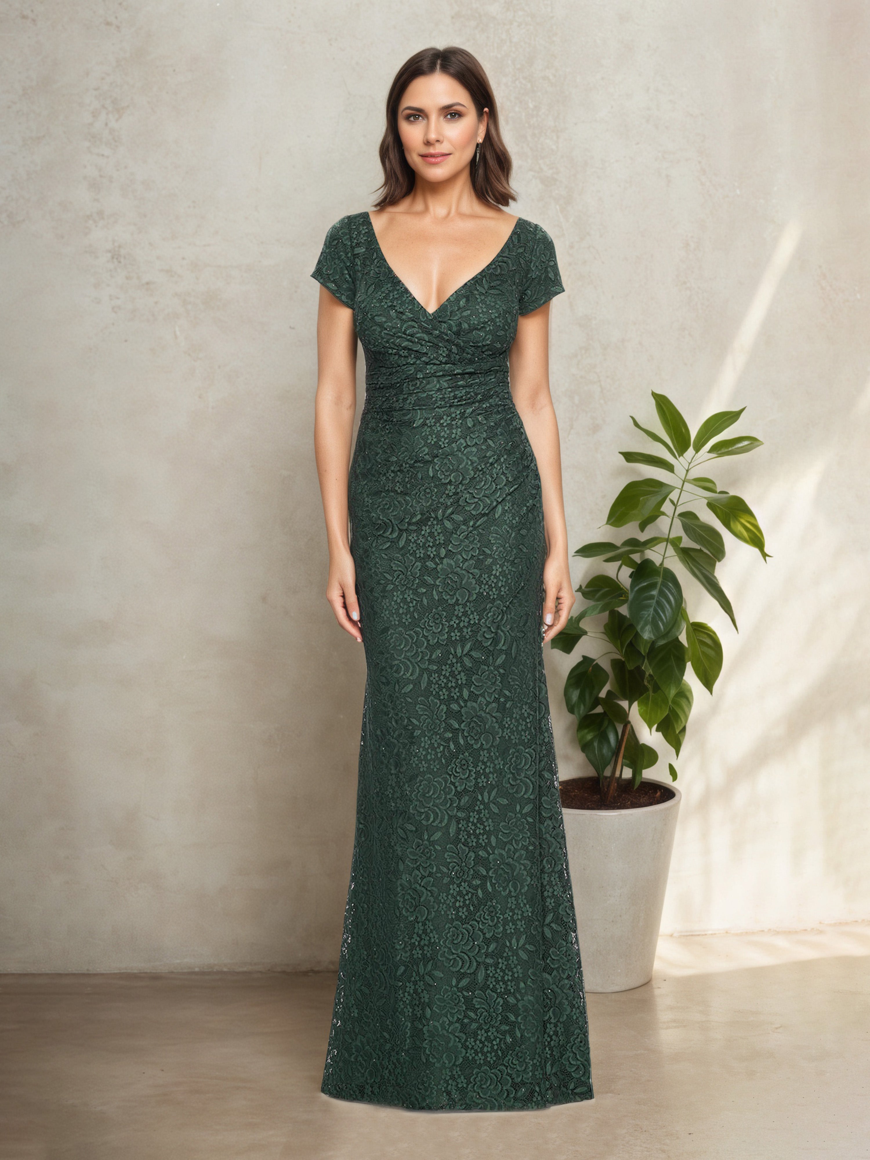 Robe Mère de la Mariée Vert Foncé en Dentelle Silhouette Sheath Longue à Décolleté en V et Manches Ballon