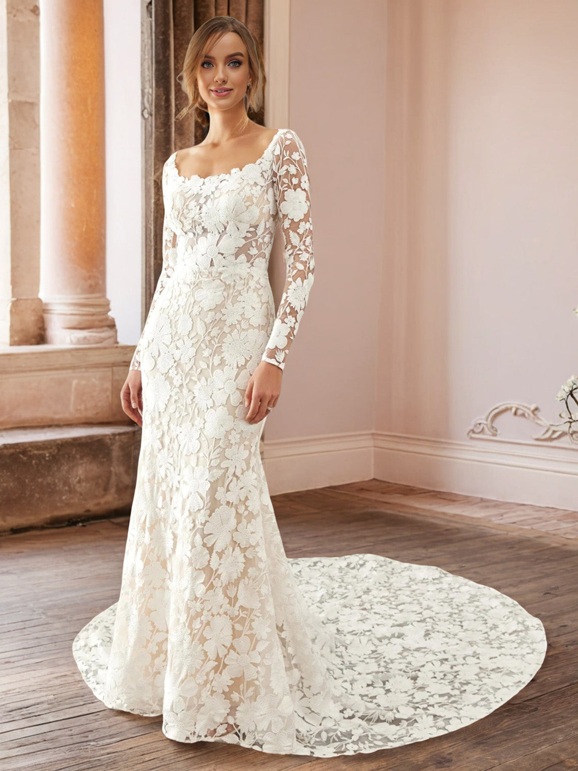 Traîne Jupon Sirene Mariage Col En Cuillère Dentelle Manche