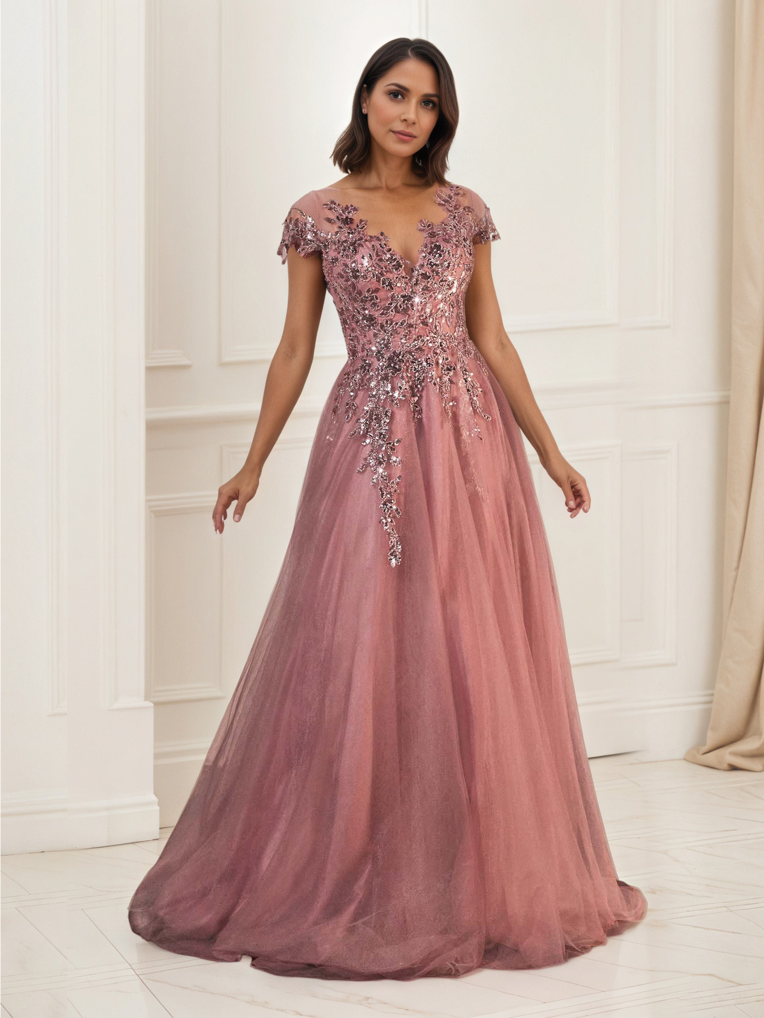 Robe de Soirée ROSE_POUDRE Col V Ornée d’applications de Paillettes Scintillantes Trapèze Manchette