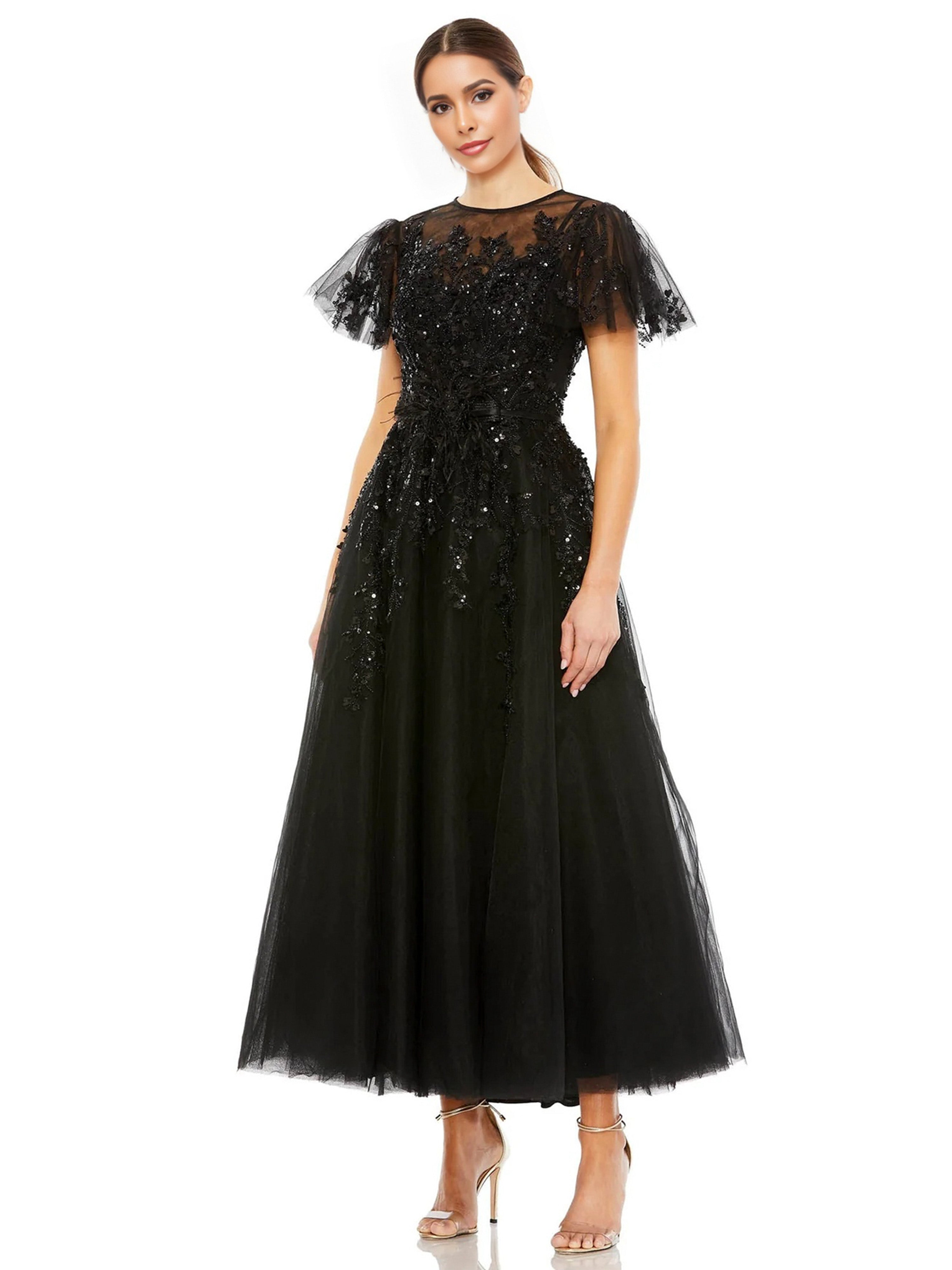 Col Rond Robe de Soirée Noir Mancherons Detelle et Tulle