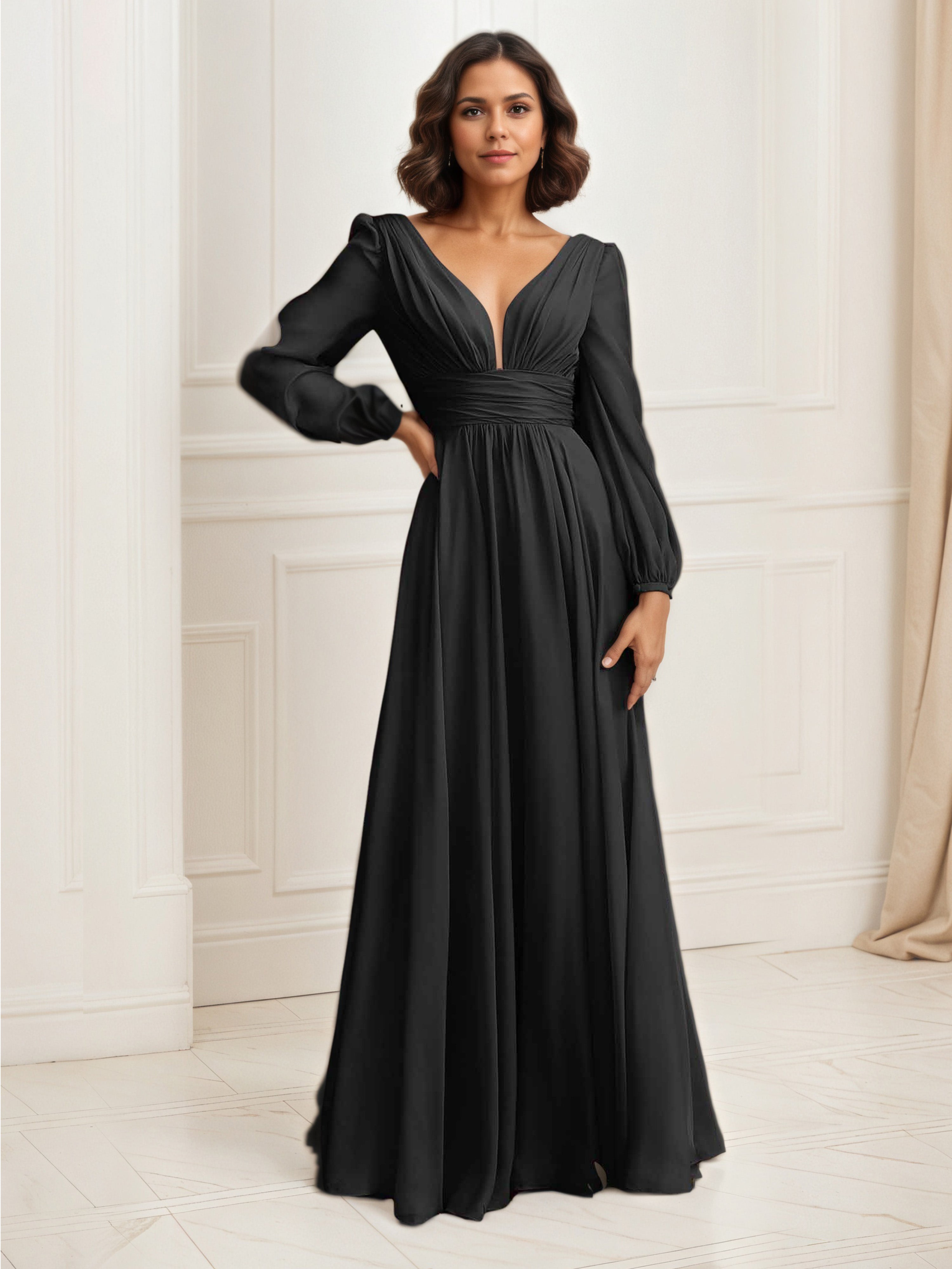 Robe de Soirée NOIR Col V Robe Mousseline Trapèze Manches Longue Robe Plissée
