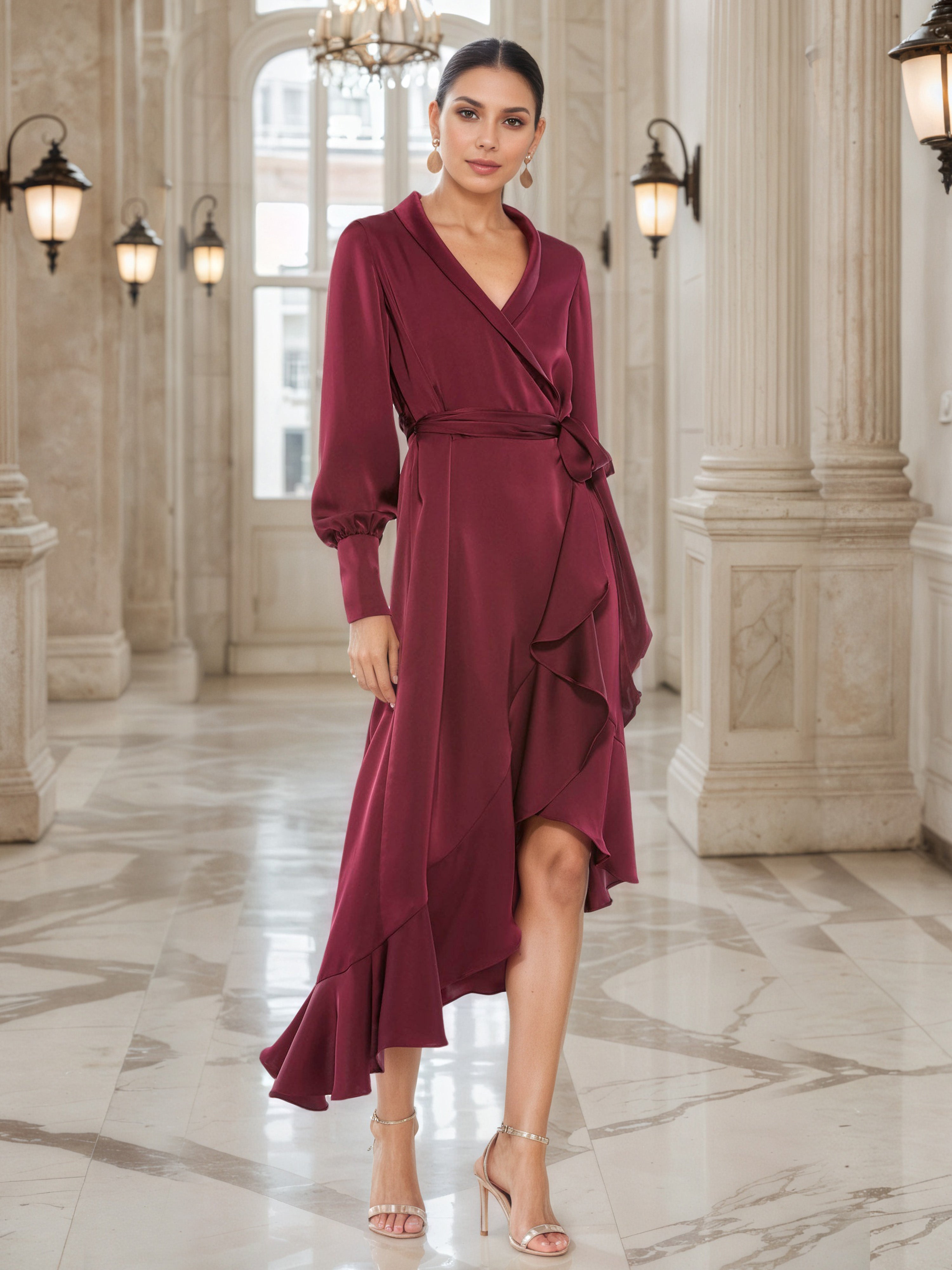 Robe de Soirée BORDEAUX Mi-longue Robe Avec Décolleté en V Manches Longues Volants Asymétriques