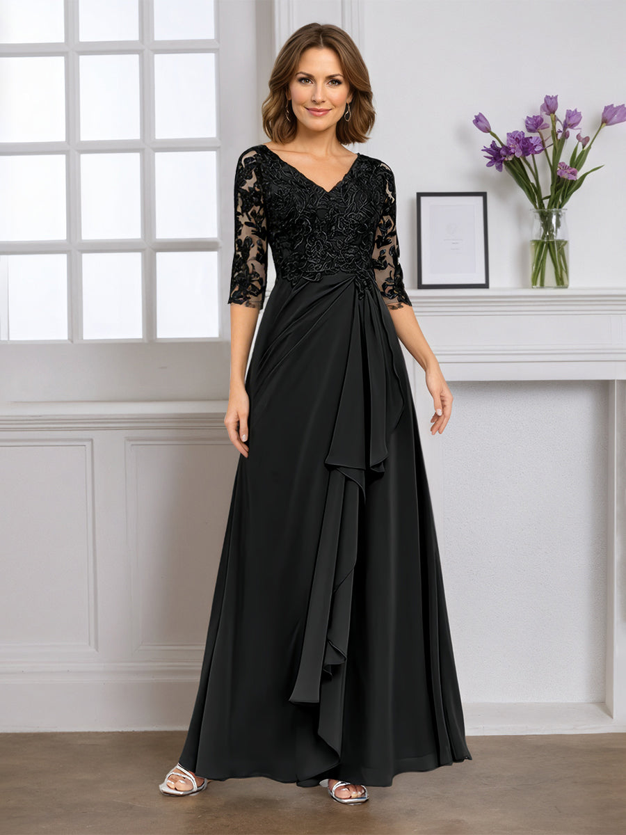 Cicinia Robe pour Mère de la Mariée Noir Longue A-Line en Mousseline Dentelle Décolleté en V Longueur Sol