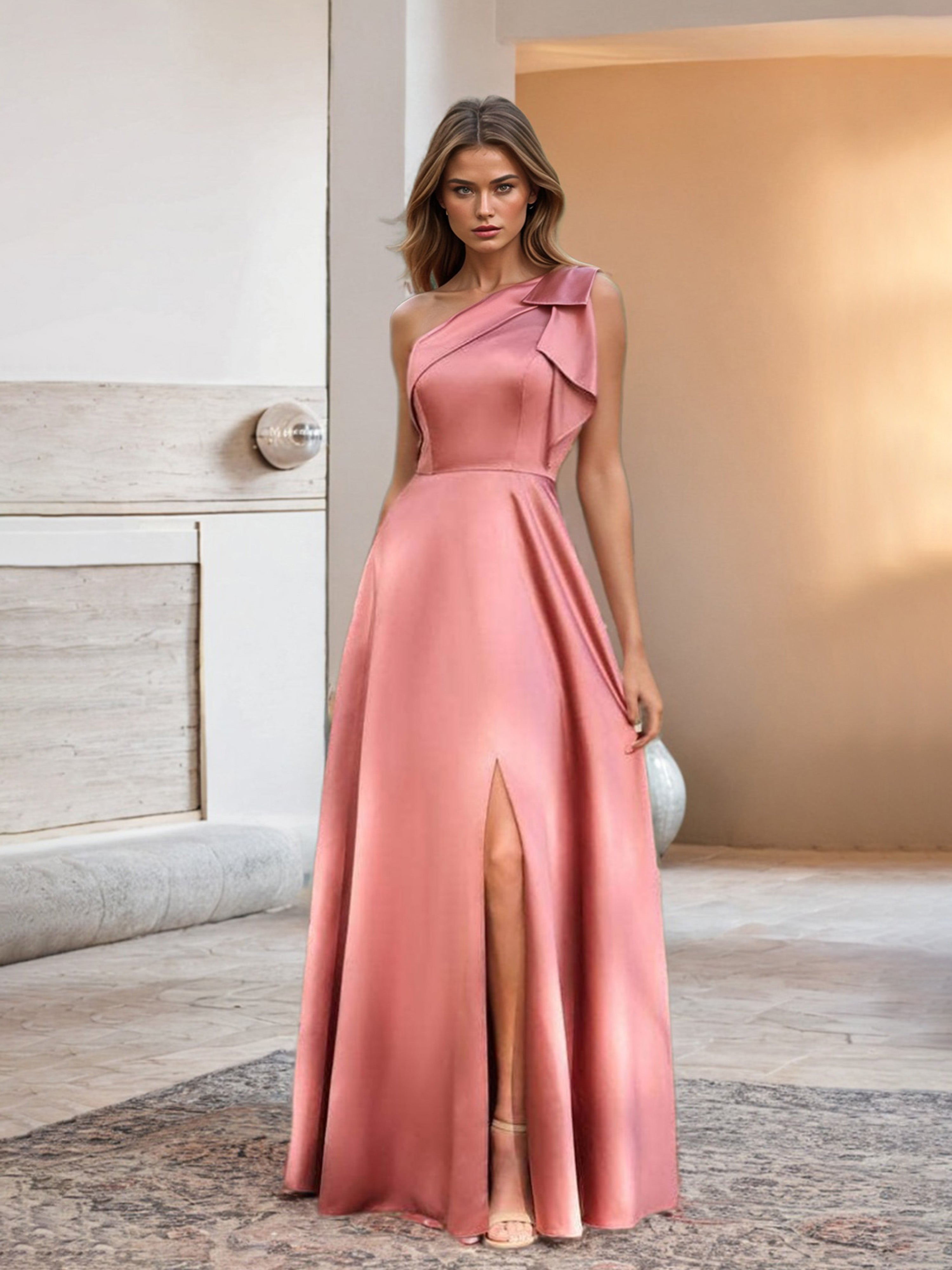 Robe de Soirée Pastèque Trapèze Seule épaule Sans Manches Satin Doux Robe de Soirée
