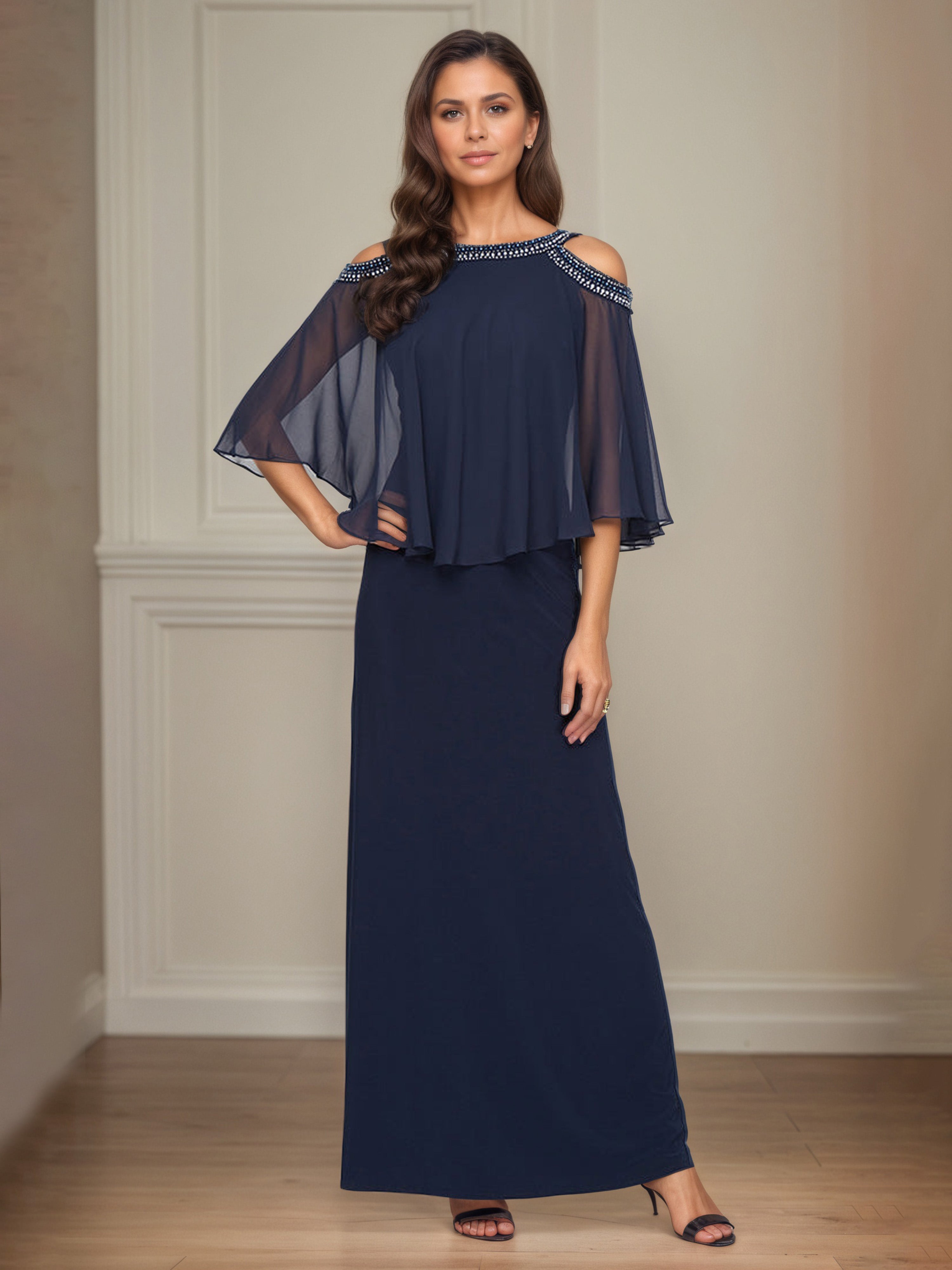 Robe Mère de la Mariée BLEU MARINE Trapèze à Epaules Dénudées et Col Perlé