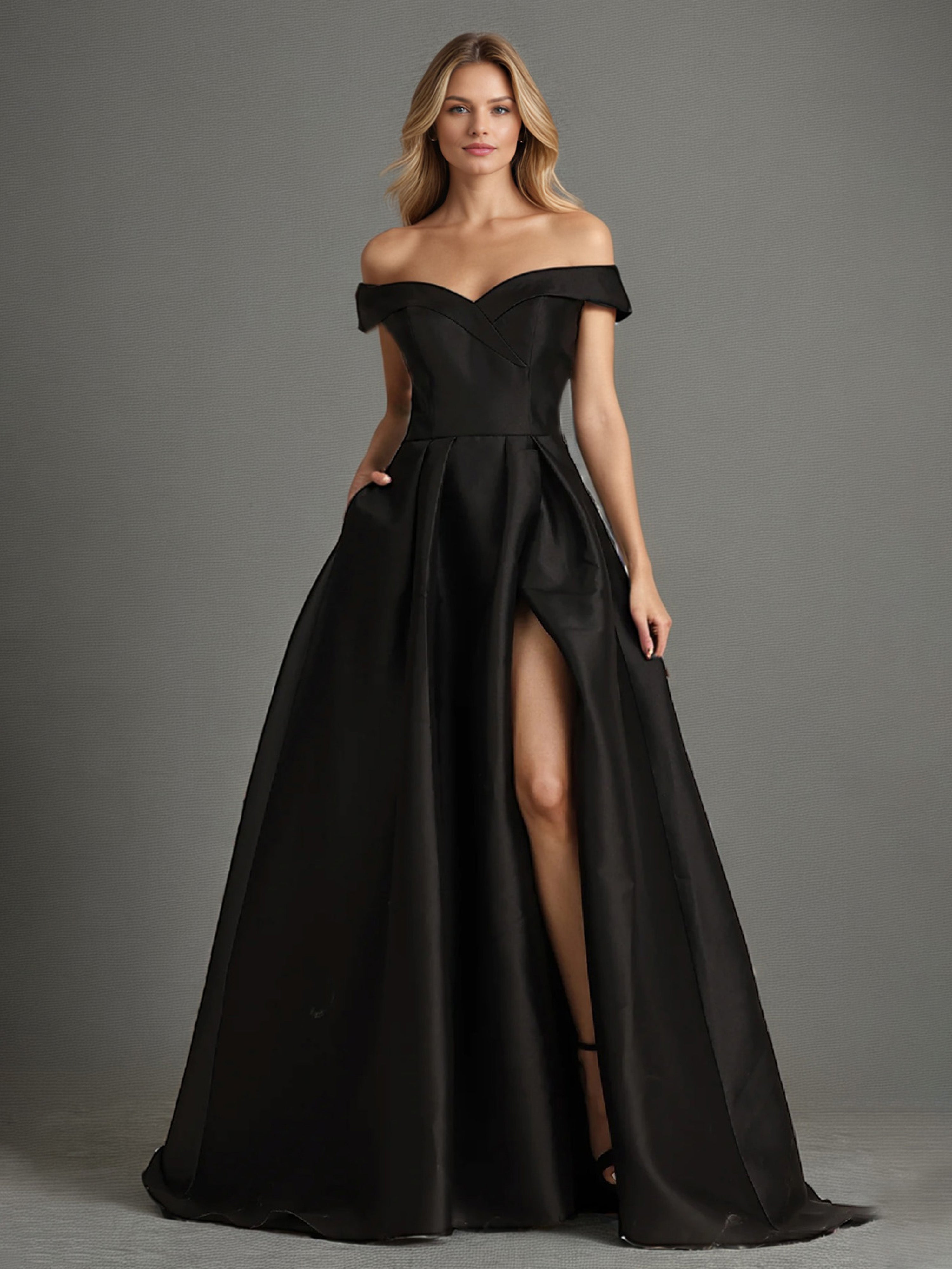 Robe de Soirée Noir Epaule Dénudée Trapèze Robe de Soirée en Satin